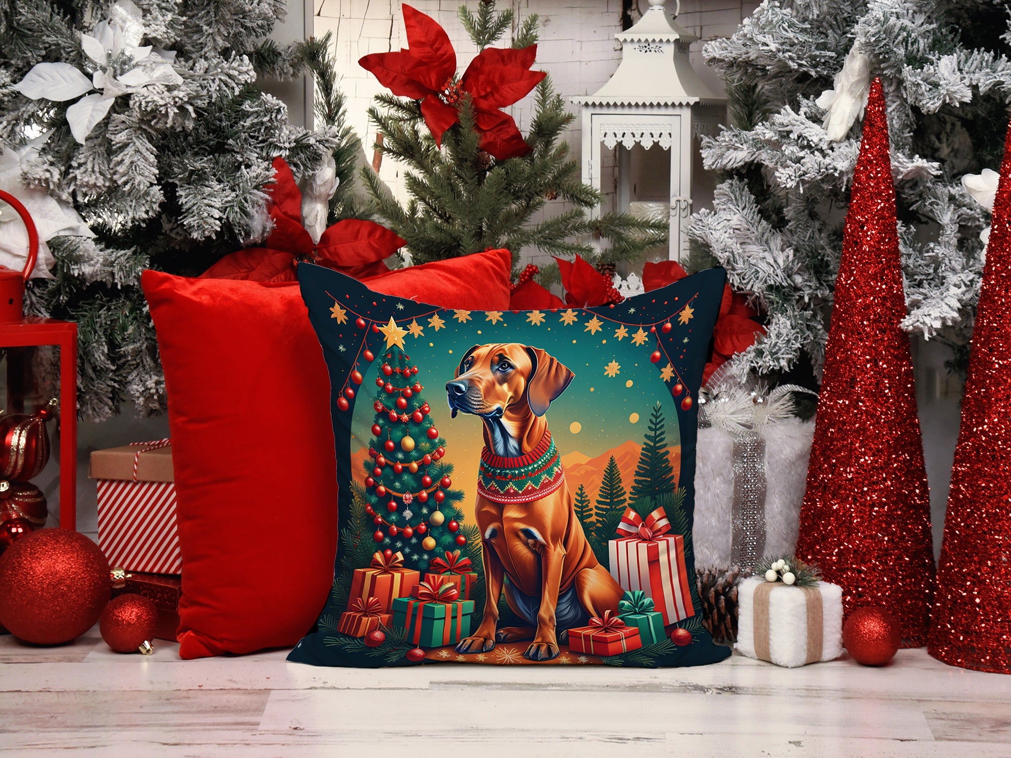 Rhodesian Ridgeback Christmas Decorative Throw Pillow 18x18 Indoor Outdoor Accent Cushion, Fabric Cover with Insert for Sofa, Bed, Porch & Living Room