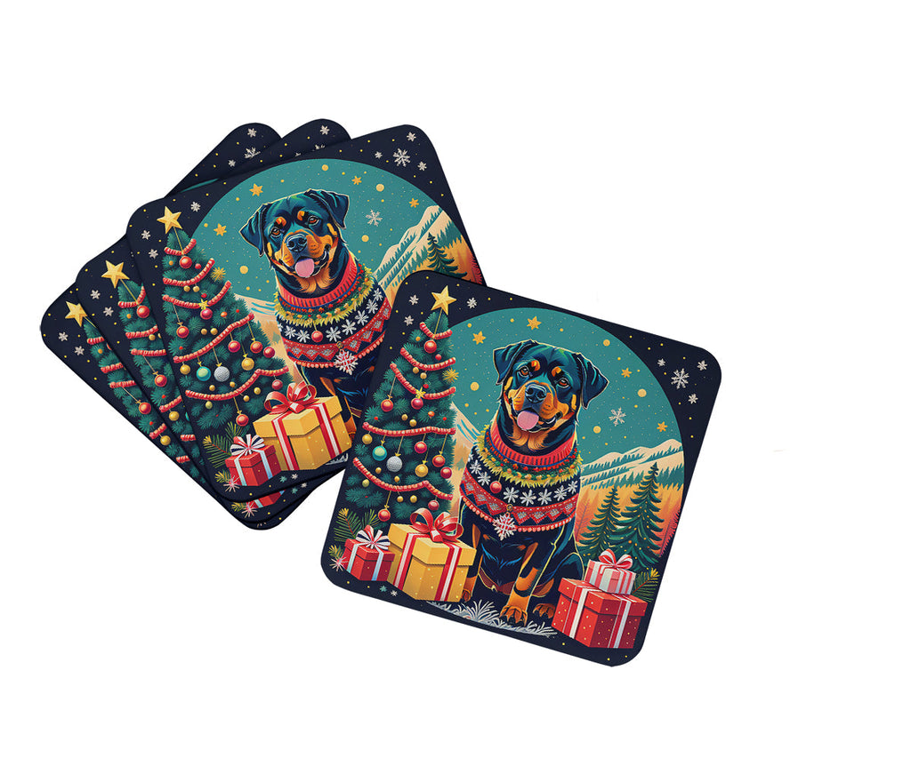 Rottweiler Christmas Foam Coasters Set of 4 Cup Coasters for Indoor Outdoor, Tabletop Protection, Anti Slip, Mouse pad Material