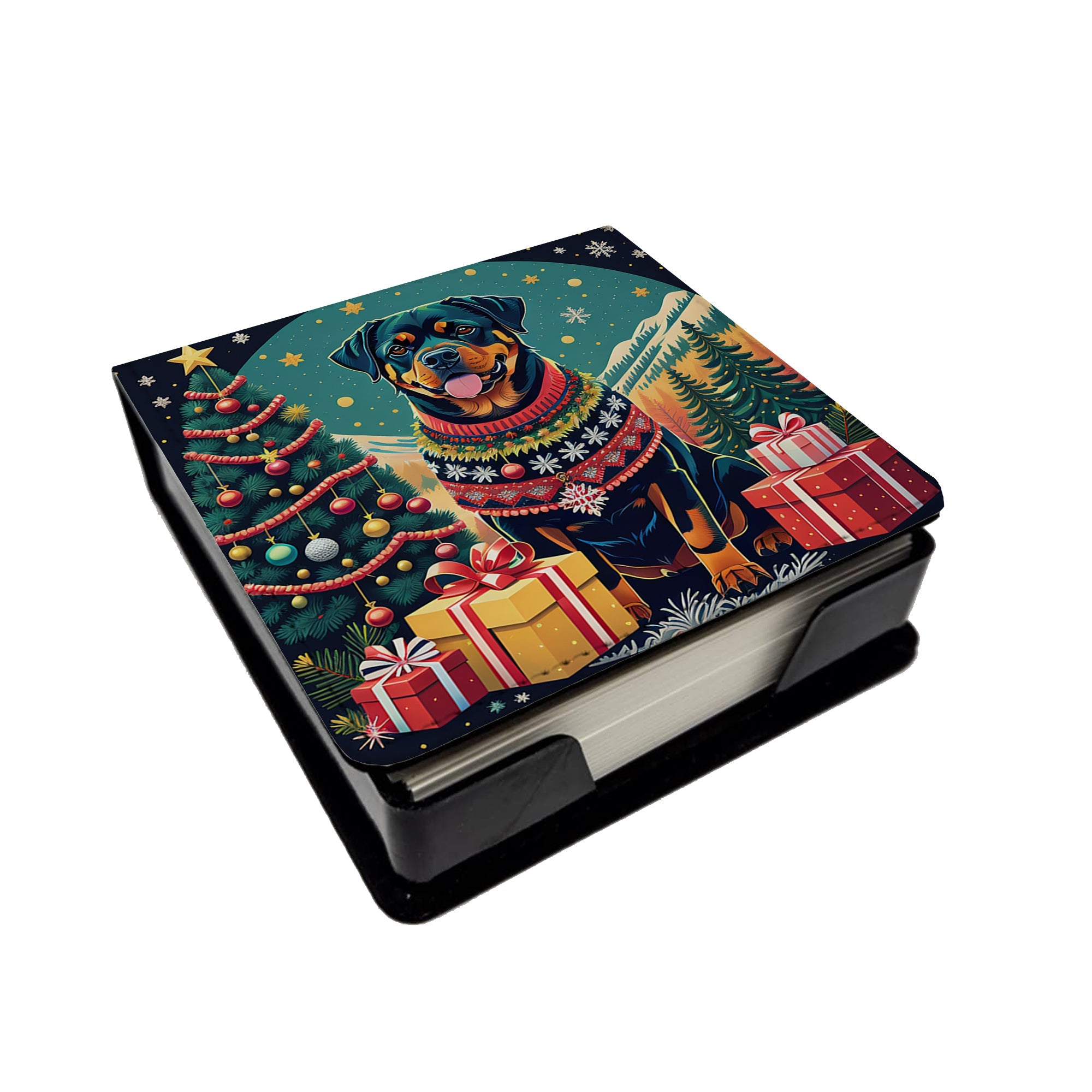 Rottweiler Christmas PU Leather Note Paper Holder with Artist-Designed Cover, Desk Accessory, Office Gift