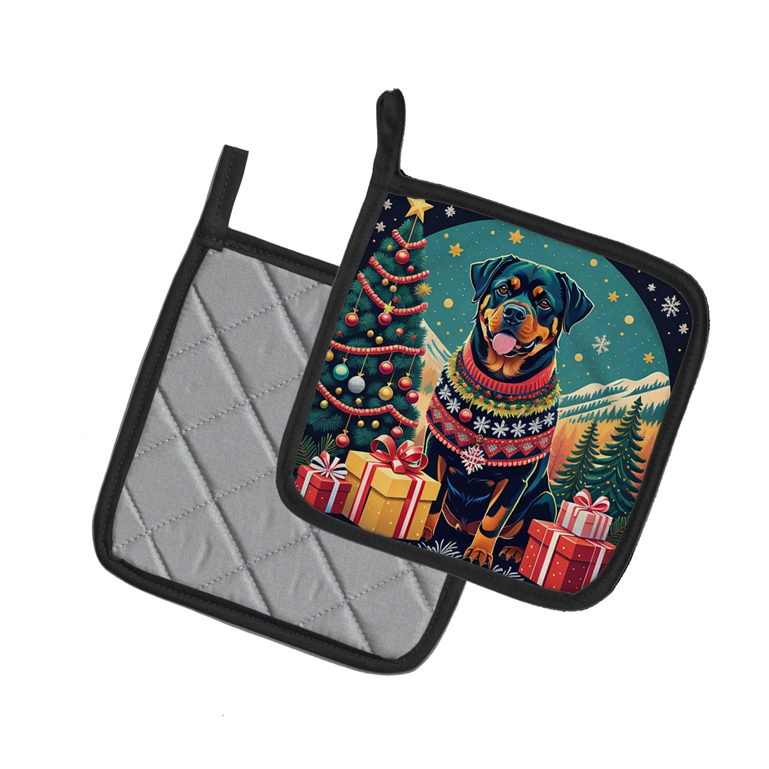 Rottweiler Christmas Pot Holder Set of 2 Heat Resistant Quilted Hot Pads 7.5 x 7.5 Inch, Insulated Kitchen Trivets for Cooking & Baking