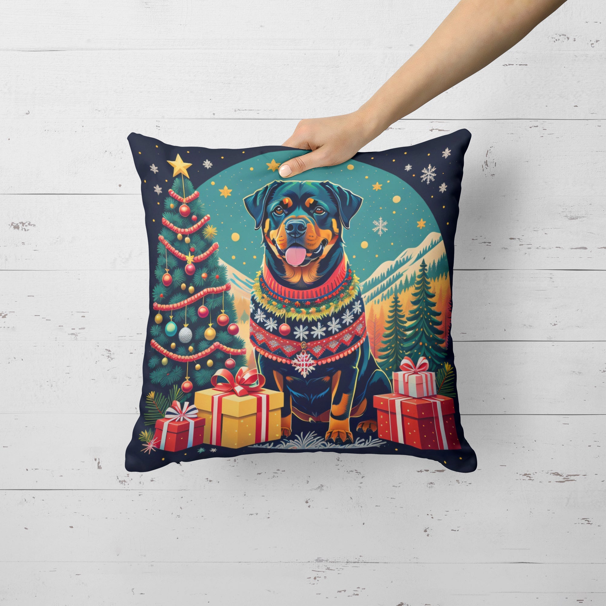 Rottweiler Christmas Decorative Throw Pillow 14x14 Indoor Outdoor Accent Cushion, Fabric Cover with Insert for Sofa, Bed, Porch & Living Room