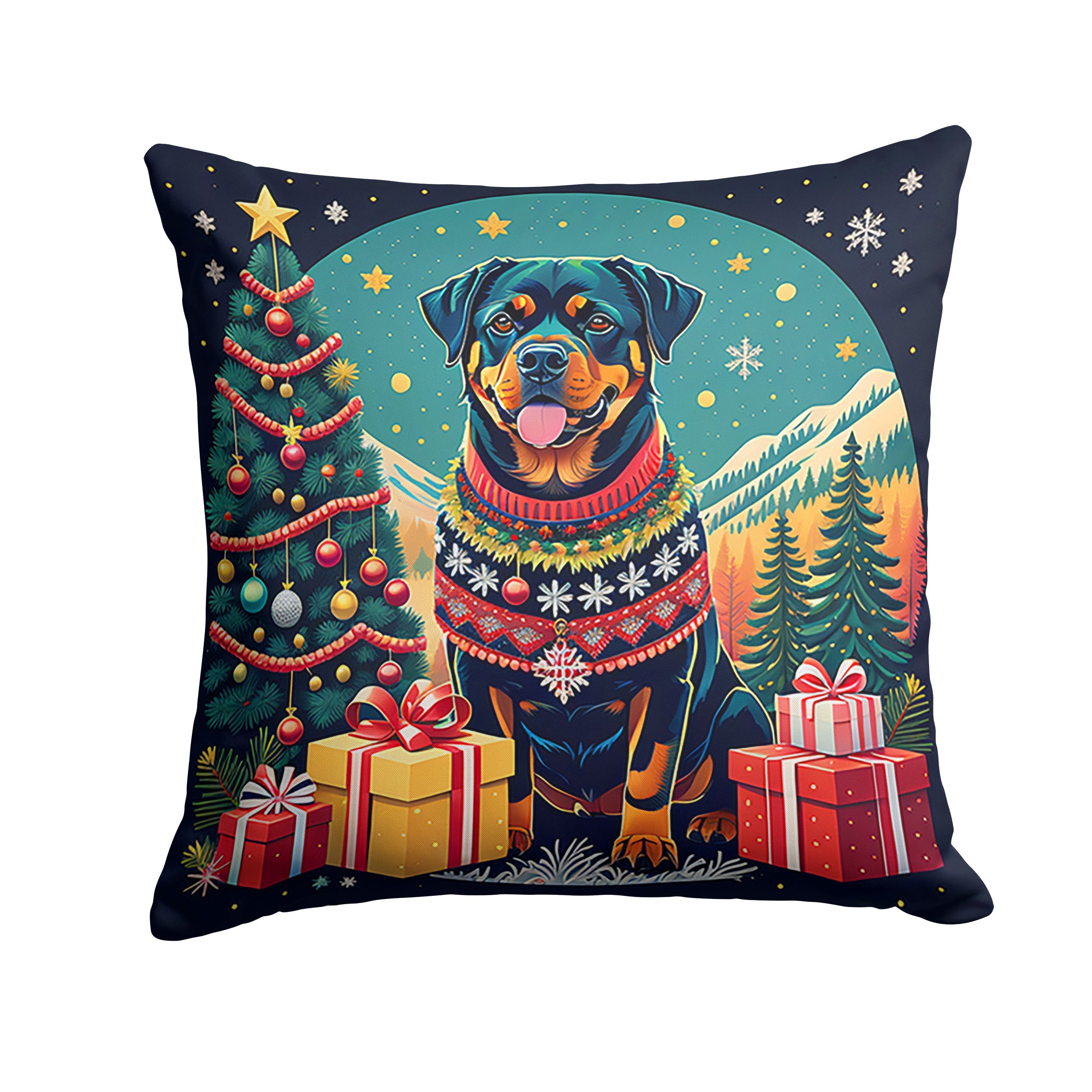 Rottweiler Christmas Decorative Throw Pillow 18x18 Indoor Outdoor Accent Cushion, Fabric Cover with Insert for Sofa, Bed, Porch & Living Room