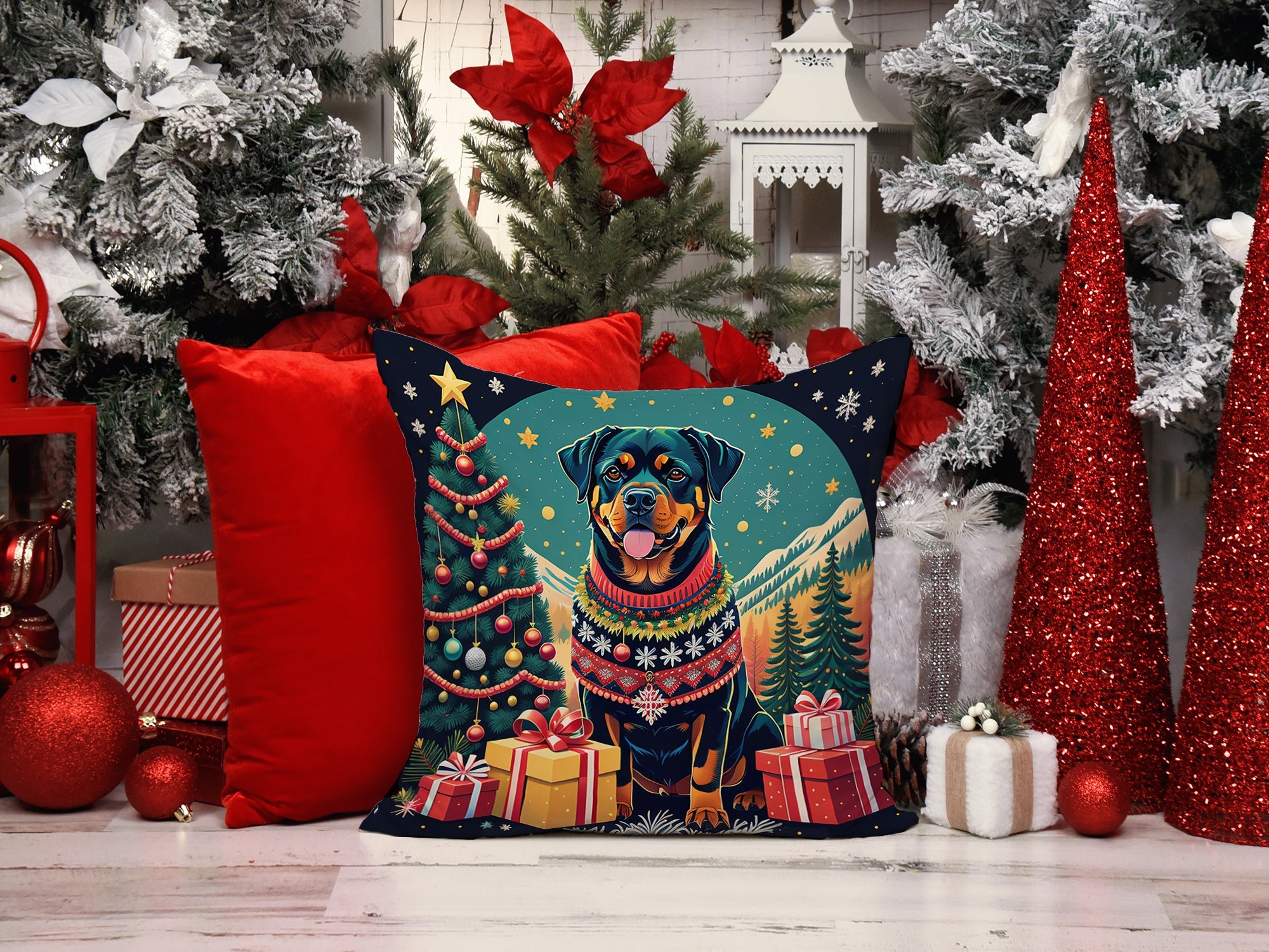 Rottweiler Christmas Decorative Throw Pillow 18x18 Indoor Outdoor Accent Cushion, Fabric Cover with Insert for Sofa, Bed, Porch & Living Room
