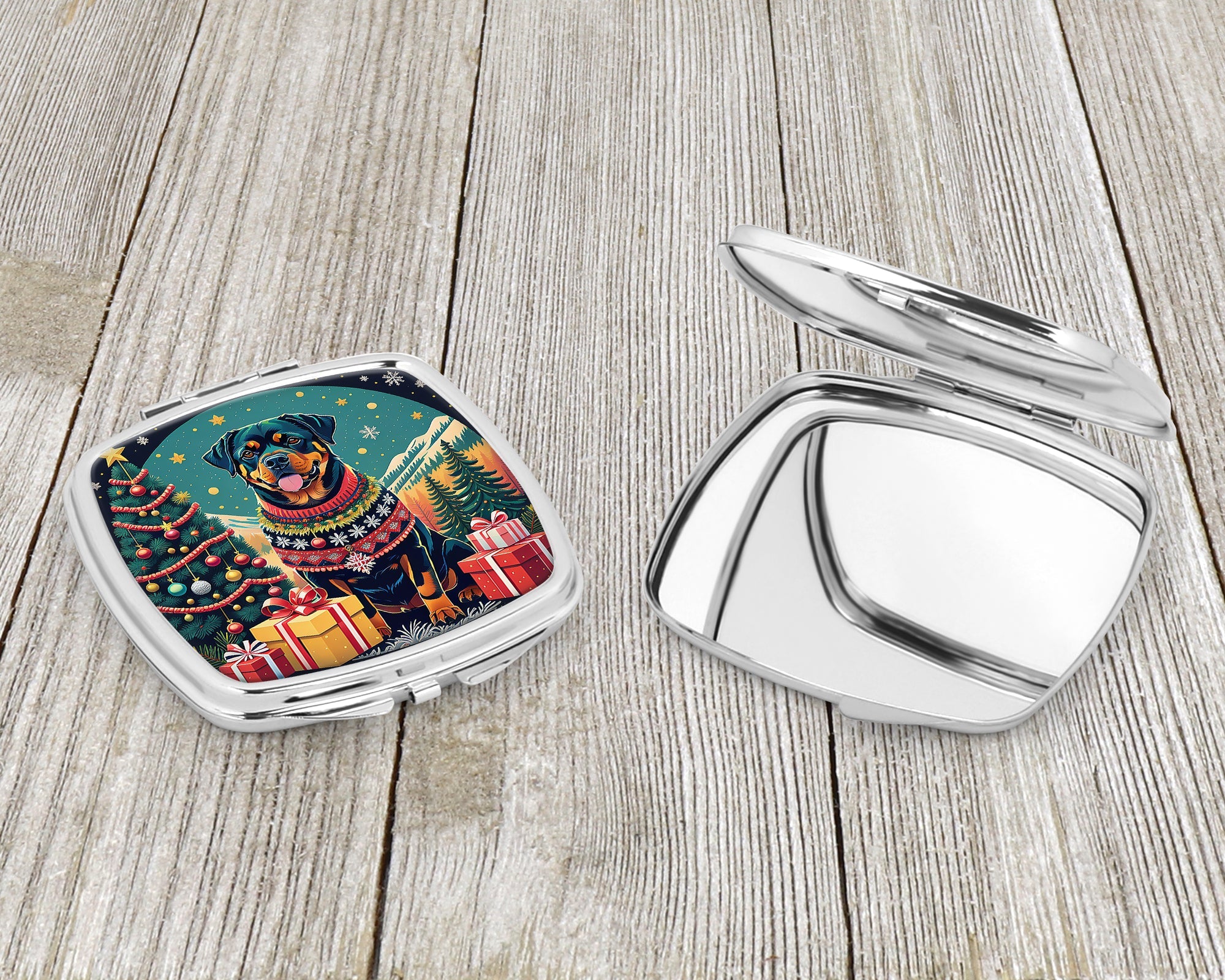 Rottweiler Christmas Compact Mirror Decorative Travel Makeup Mirror for Women Girls Gifts Pocket Makeup Mirror Folding Handheld