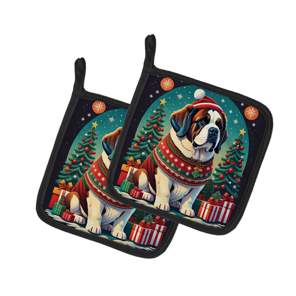 Saint Bernard Christmas Pot Holder Set of 2 Heat Resistant Quilted Hot Pads 7.5 x 7.5 Inch, Insulated Kitchen Trivets for Cooking & Baking