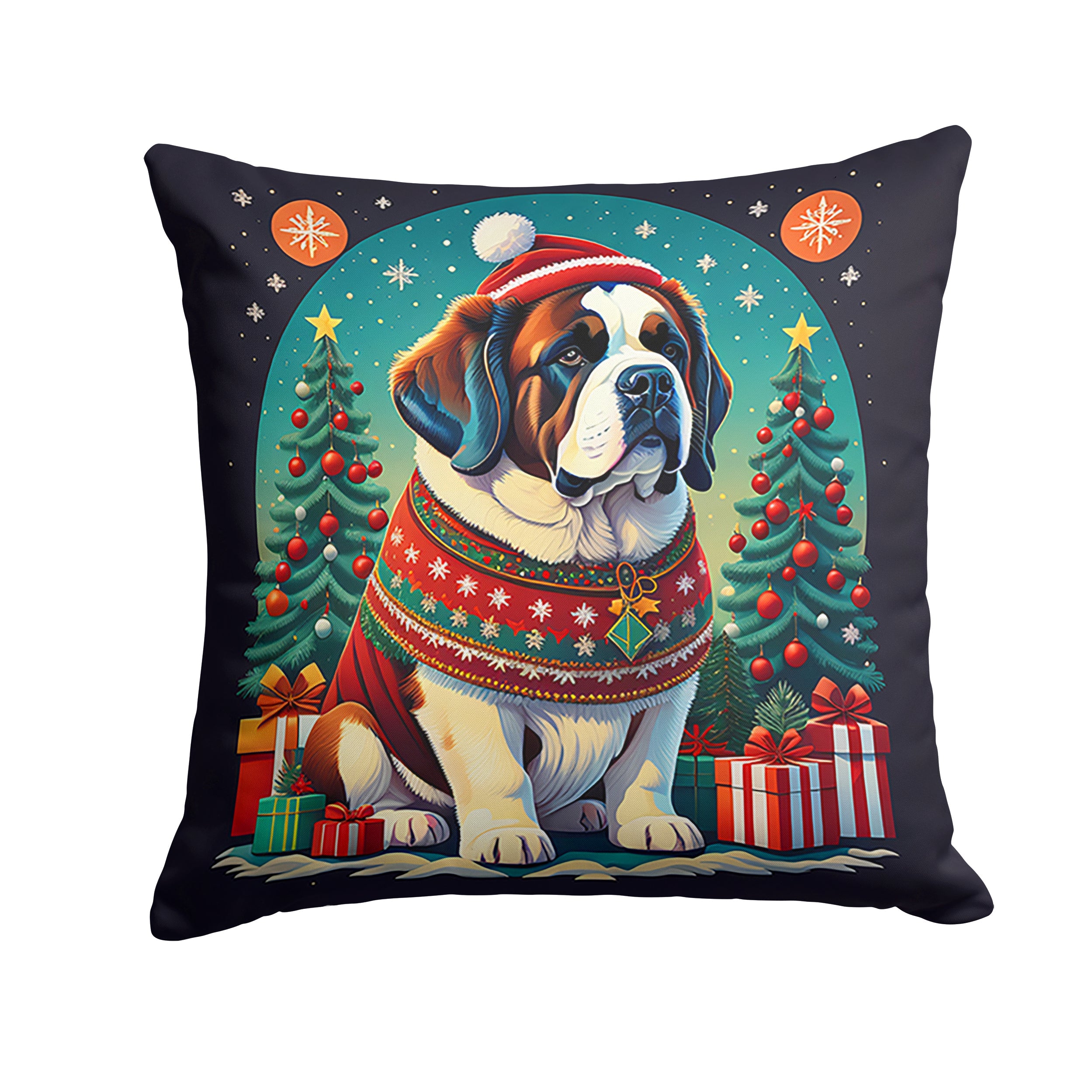 Saint Bernard Christmas Decorative Throw Pillow 18x18 Indoor Outdoor Accent Cushion, Fabric Cover with Insert for Sofa, Bed, Porch & Living Room