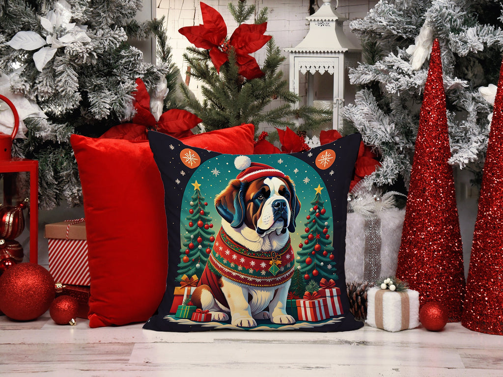 Saint Bernard Christmas Decorative Throw Pillow 18x18 Indoor Outdoor Accent Cushion, Fabric Cover with Insert for Sofa, Bed, Porch & Living Room
