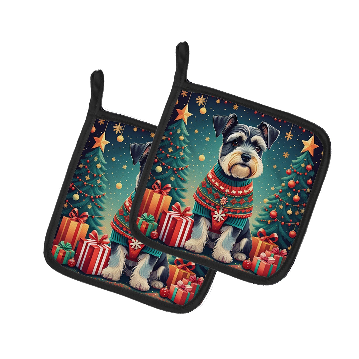 Schnauzer Christmas Pot Holder Set of 2 Heat Resistant Quilted Hot Pads 7.5 x 7.5 Inch, Insulated Kitchen Trivets for Cooking & Baking