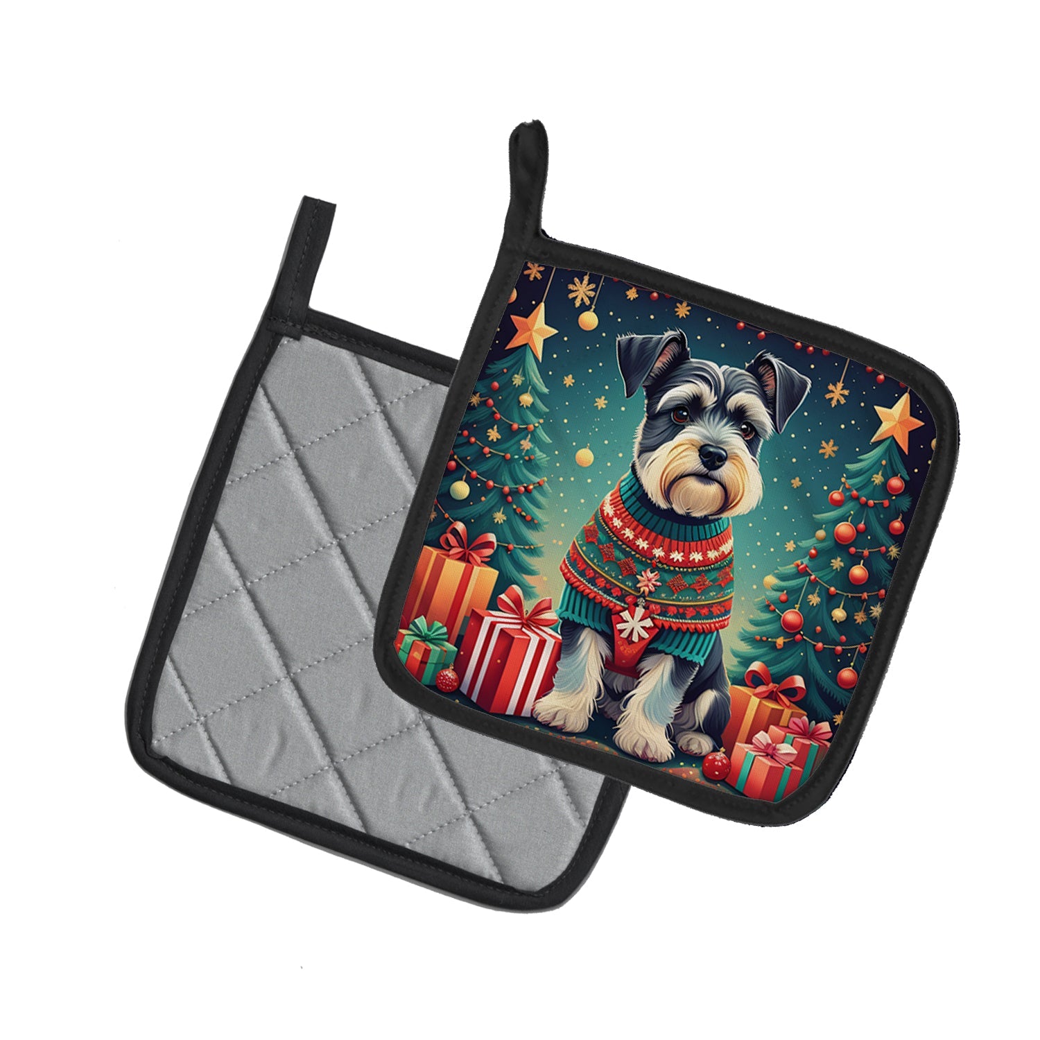 Schnauzer Christmas Pot Holder Set of 2 Heat Resistant Quilted Hot Pads 7.5 x 7.5 Inch, Insulated Kitchen Trivets for Cooking & Baking