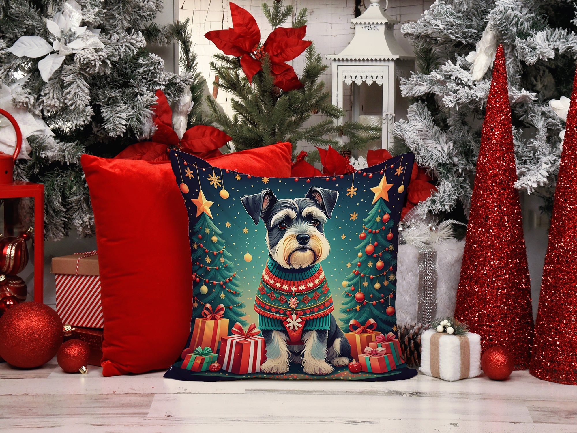 Schnauzer Christmas Decorative Throw Pillow 14x14 Indoor Outdoor Accent Cushion, Fabric Cover with Insert for Sofa, Bed, Porch & Living Room