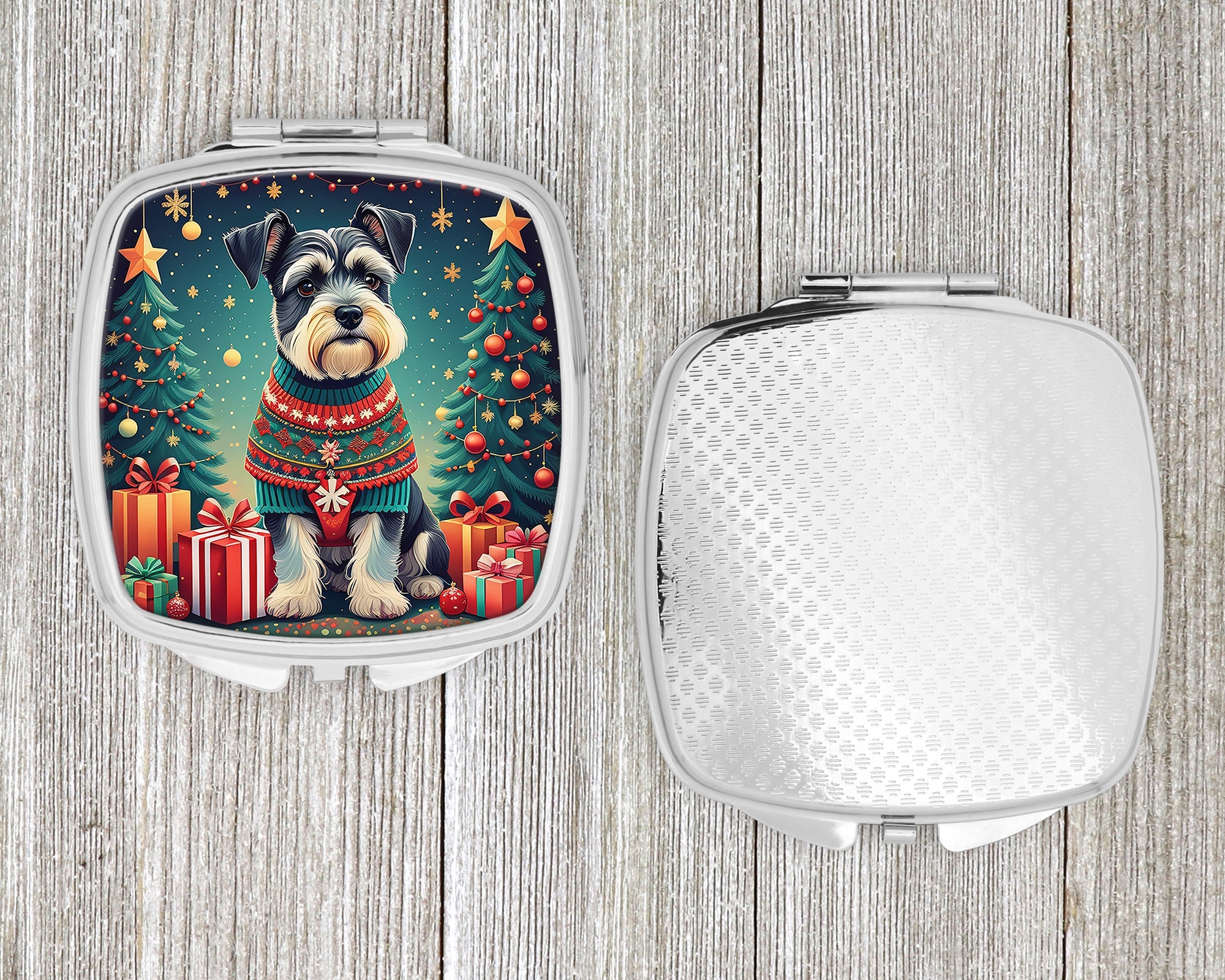 Schnauzer Christmas Compact Mirror Decorative Travel Makeup Mirror for Women Girls Gifts Pocket Makeup Mirror Folding Handheld