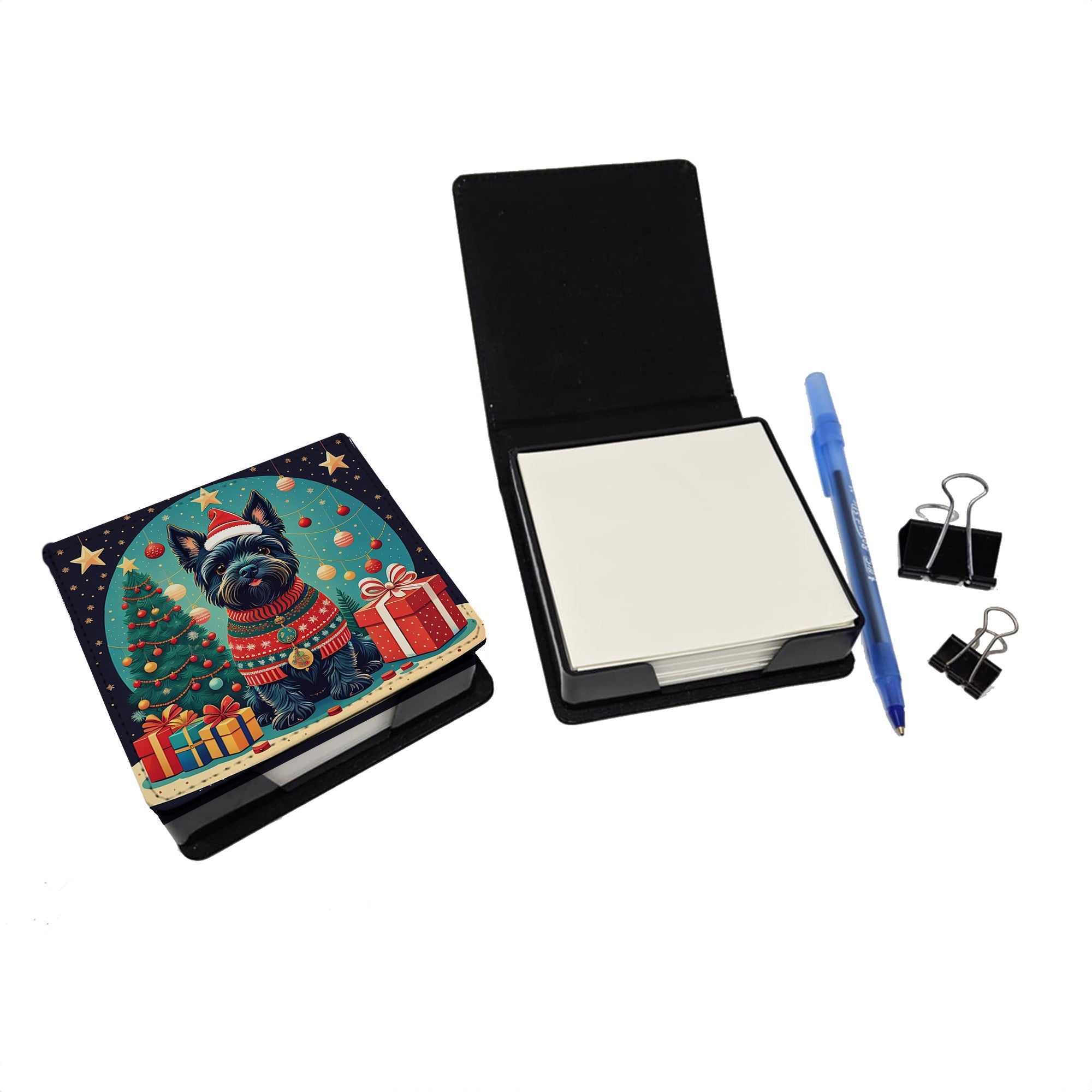 Scottish Terrier Christmas PU Leather Note Paper Holder with Artist-Designed Cover, Desk Accessory, Office Gift