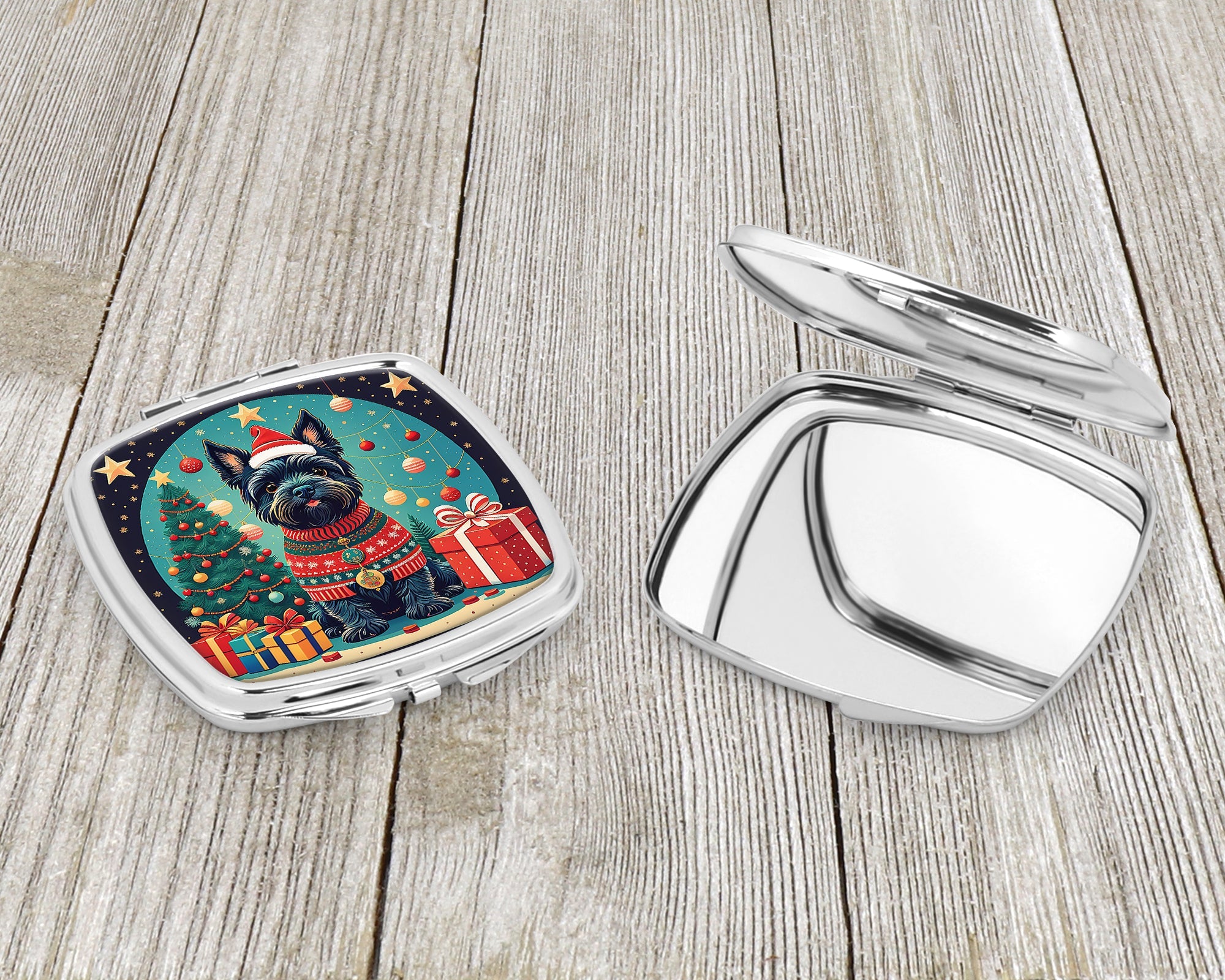 Scottish Terrier Christmas Compact Mirror Decorative Travel Makeup Mirror for Women Girls Gifts Pocket Makeup Mirror Folding Handheld