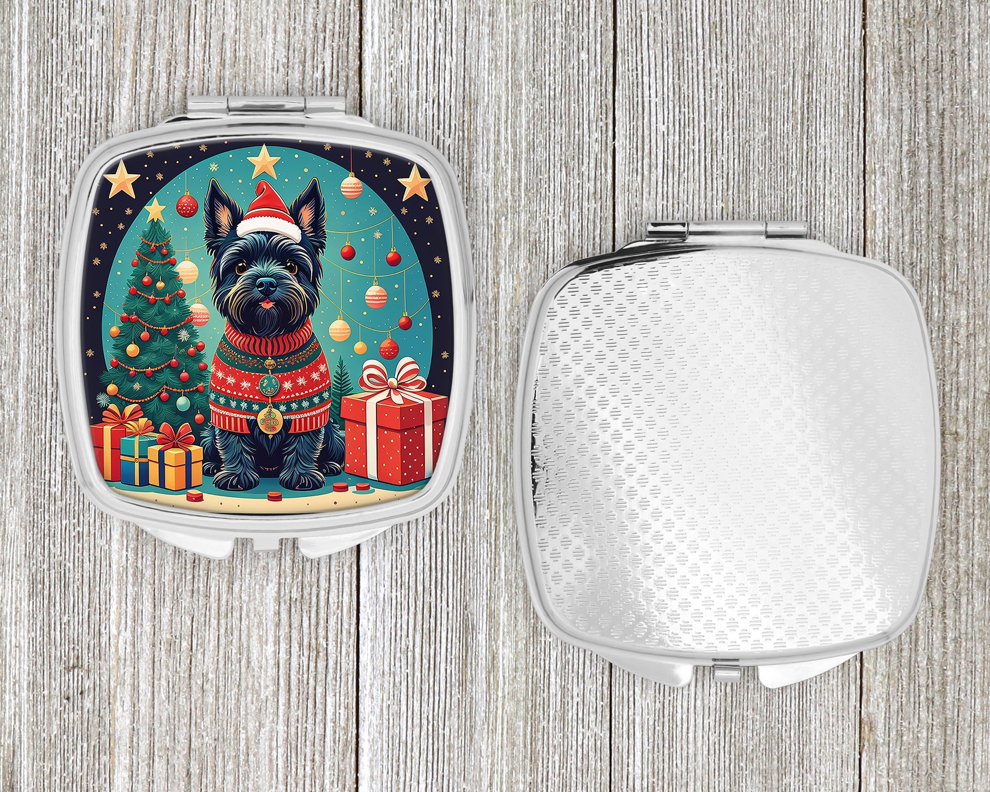 Scottish Terrier Christmas Compact Mirror Decorative Travel Makeup Mirror for Women Girls Gifts Pocket Makeup Mirror Folding Handheld