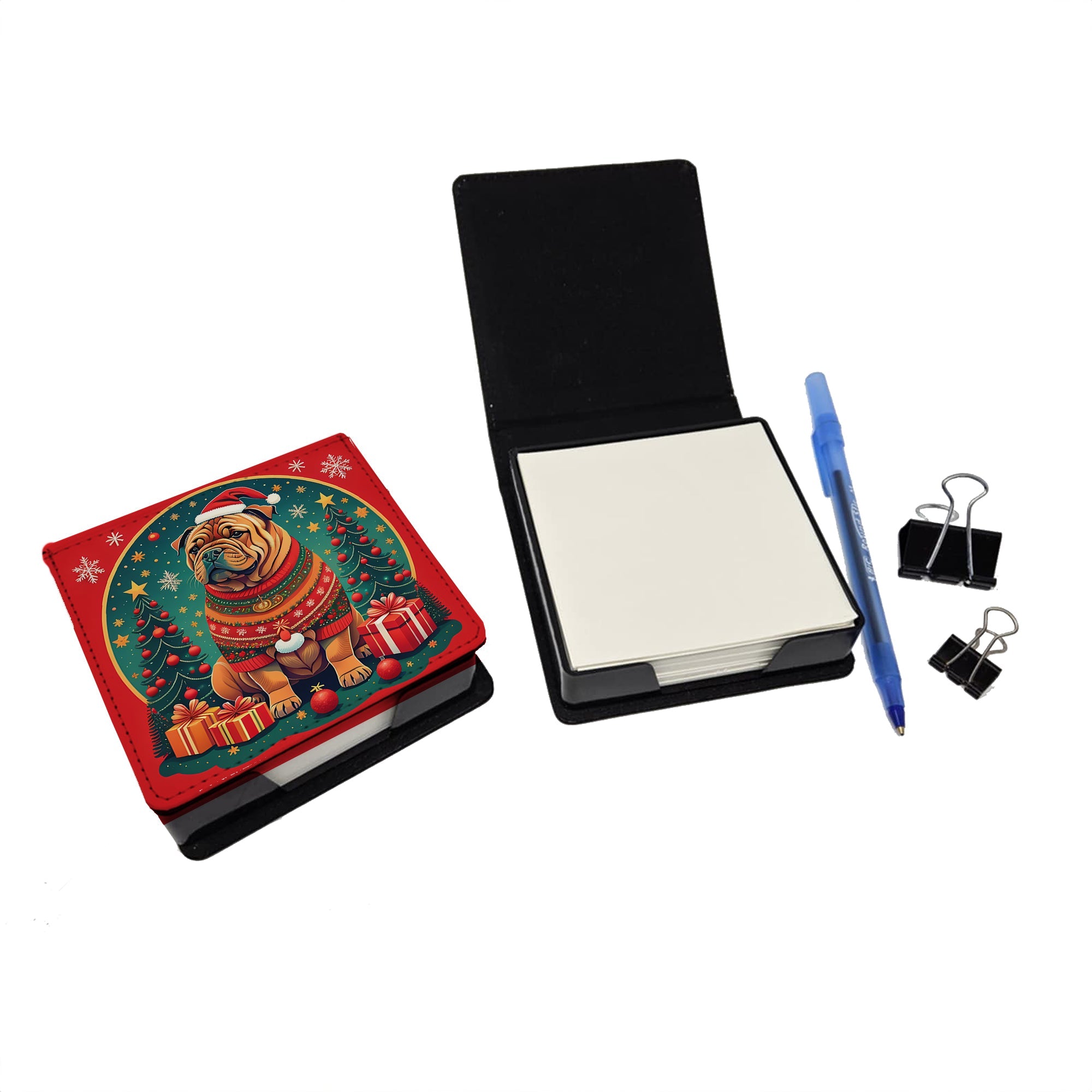 Shar Pei Christmas PU Leather Note Paper Holder with Artist-Designed Cover, Desk Accessory, Office Gift