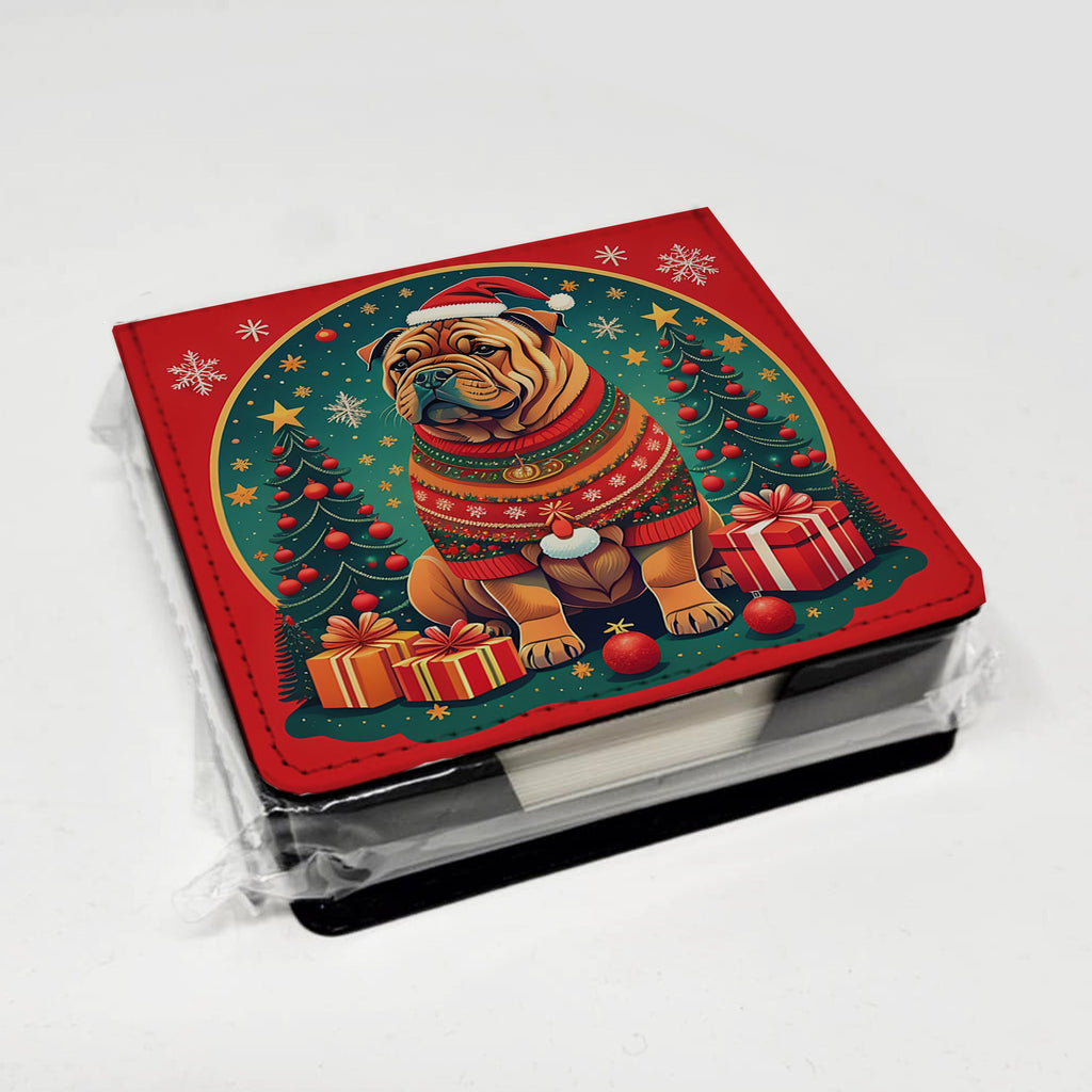 Shar Pei Christmas PU Leather Note Paper Holder with Artist-Designed Cover, Desk Accessory, Office Gift