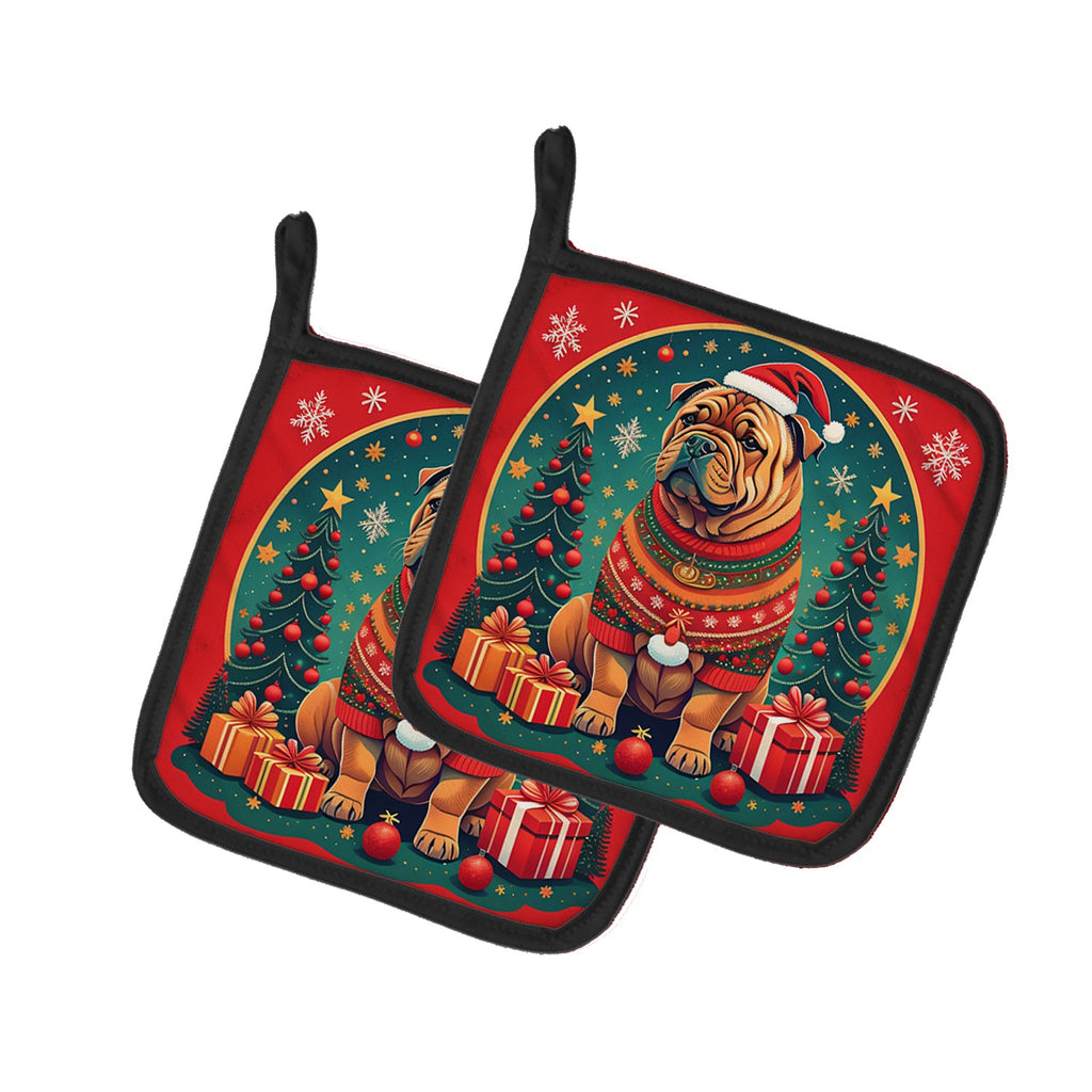 Shar Pei Christmas Pot Holder Set of 2 Heat Resistant Quilted Hot Pads 7.5 x 7.5 Inch, Insulated Kitchen Trivets for Cooking & Baking