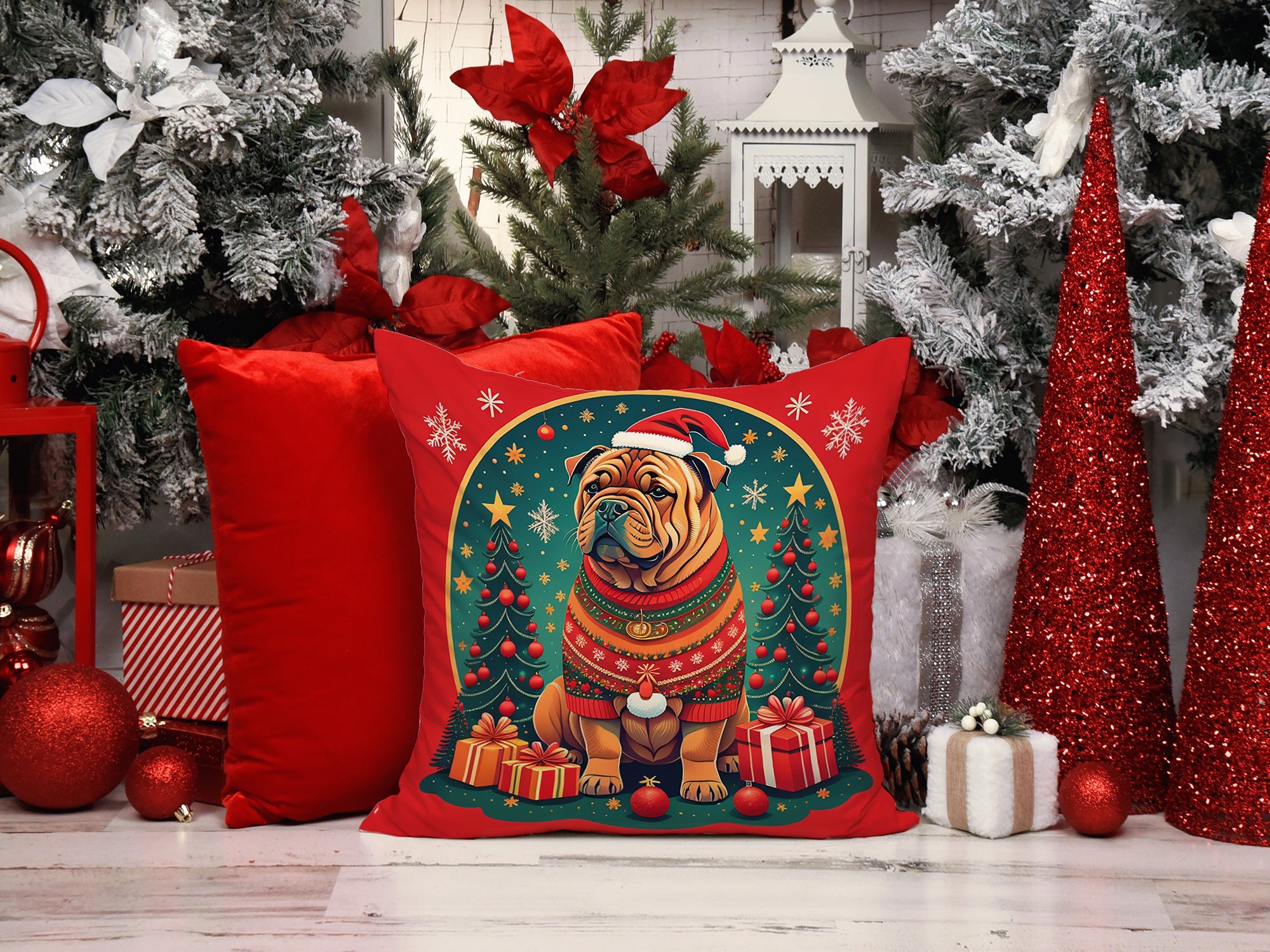 Shar Pei Christmas Decorative Throw Pillow 18x18 Indoor Outdoor Accent Cushion, Fabric Cover with Insert for Sofa, Bed, Porch & Living Room