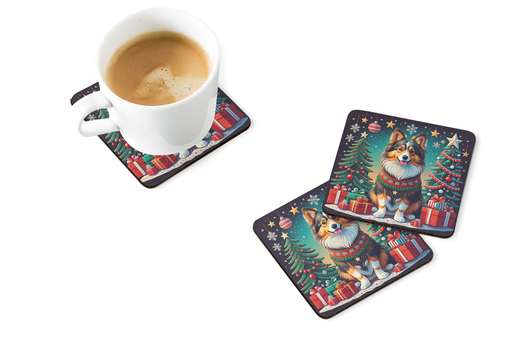 Sheltie Christmas Foam Coasters Set of 4 Cup Coasters for Indoor Outdoor, Tabletop Protection, Anti Slip, Mouse pad Material