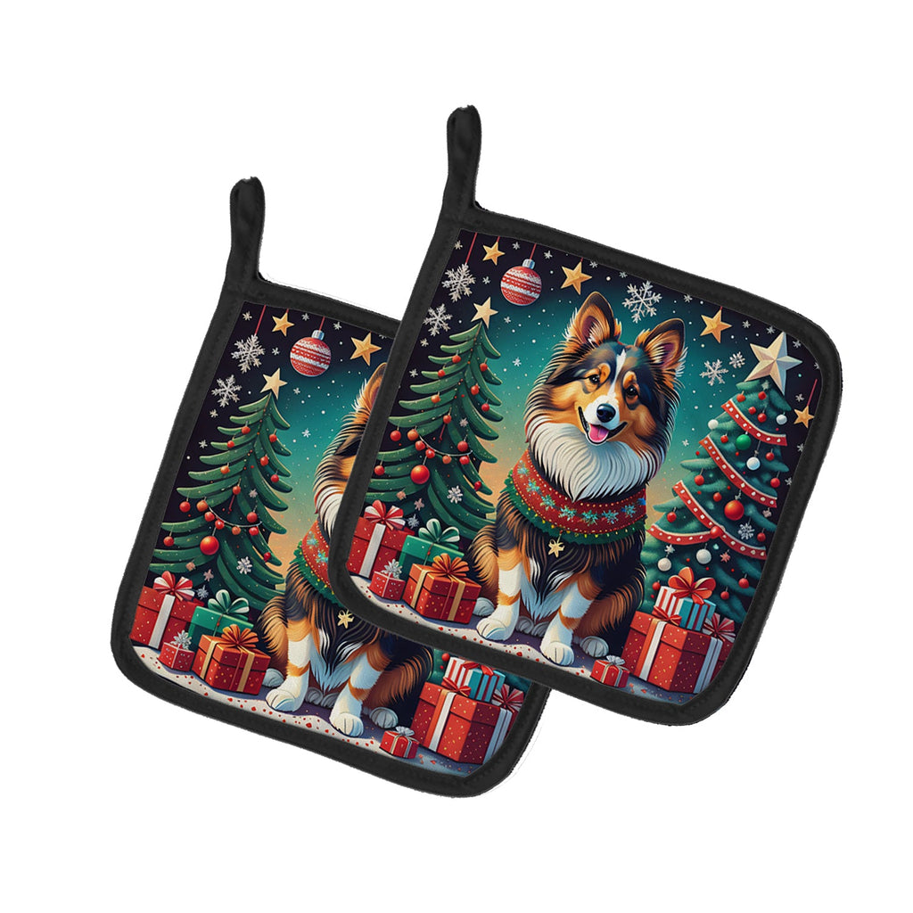 Sheltie Christmas Pot Holder Set of 2 Heat Resistant Quilted Hot Pads 7.5 x 7.5 Inch, Insulated Kitchen Trivets for Cooking & Baking