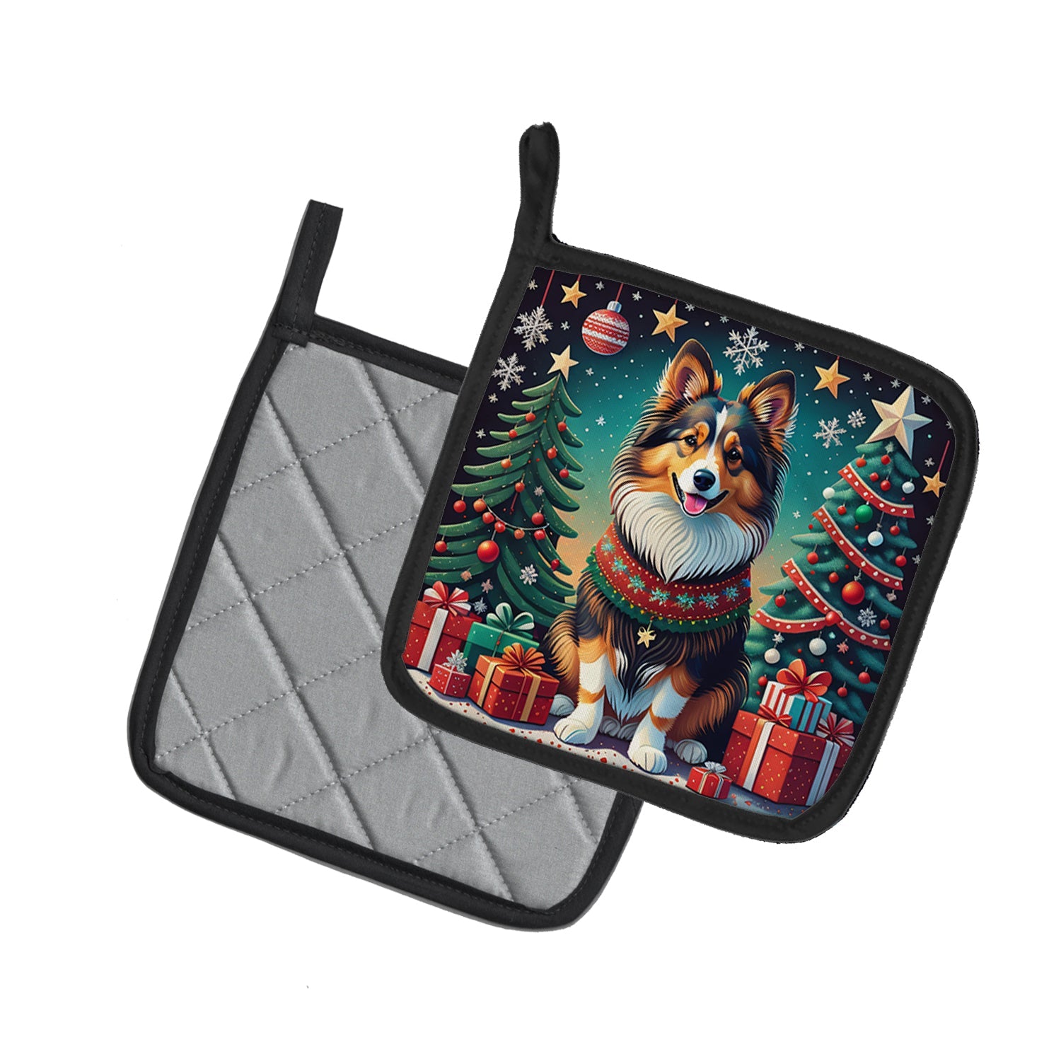 Sheltie Christmas Pot Holder Set of 2 Heat Resistant Quilted Hot Pads 7.5 x 7.5 Inch, Insulated Kitchen Trivets for Cooking & Baking