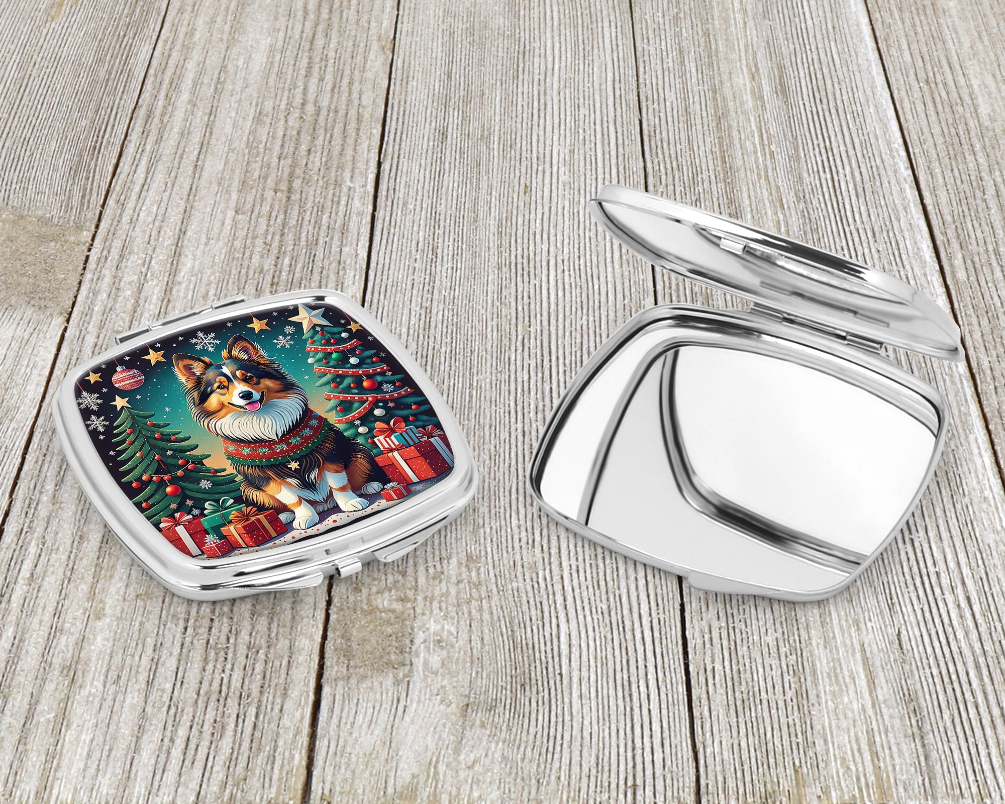 Sheltie Christmas Compact Mirror Decorative Travel Makeup Mirror for Women Girls Gifts Pocket Makeup Mirror Folding Handheld