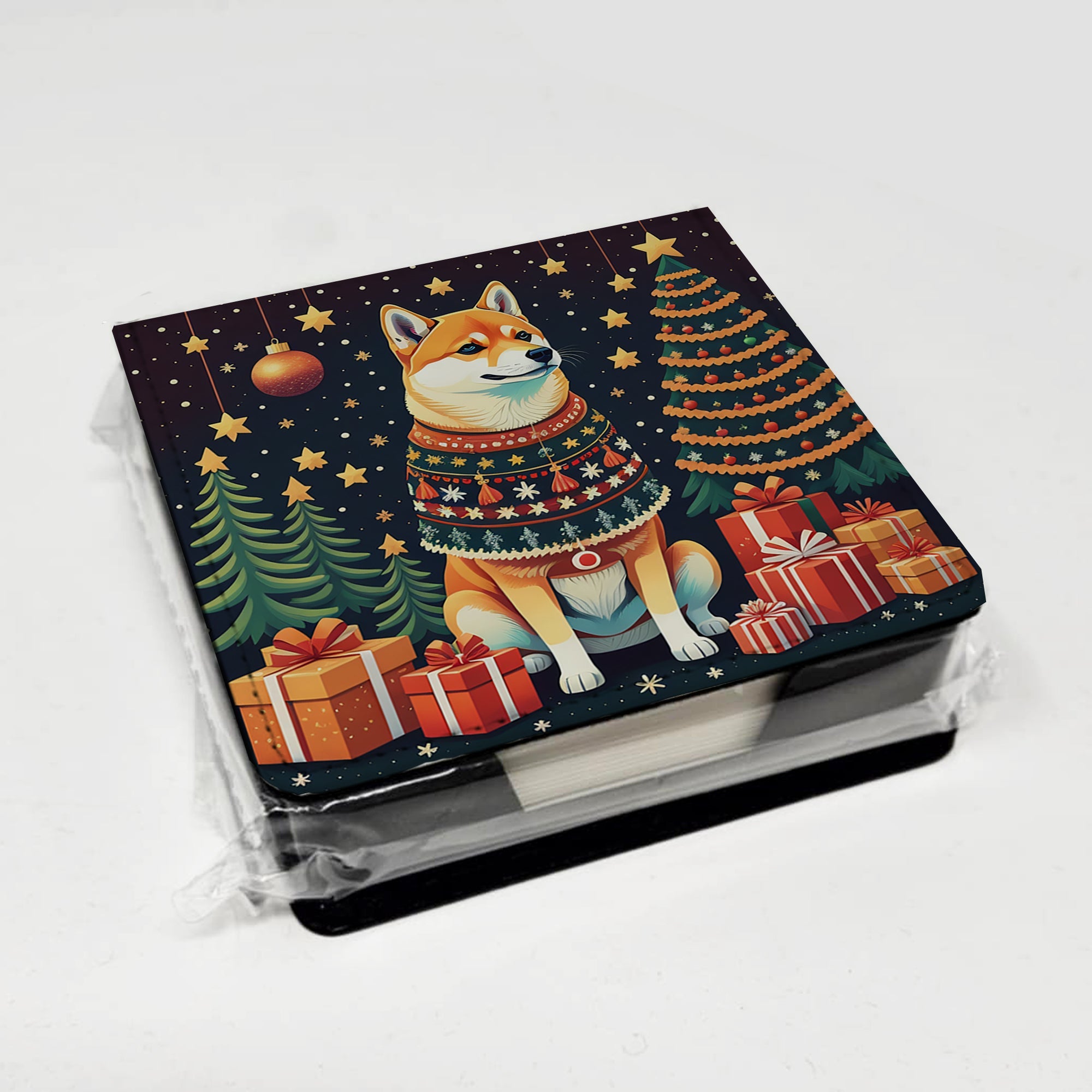 Shiba Inu Christmas PU Leather Note Paper Holder with Artist-Designed Cover, Desk Accessory, Office Gift