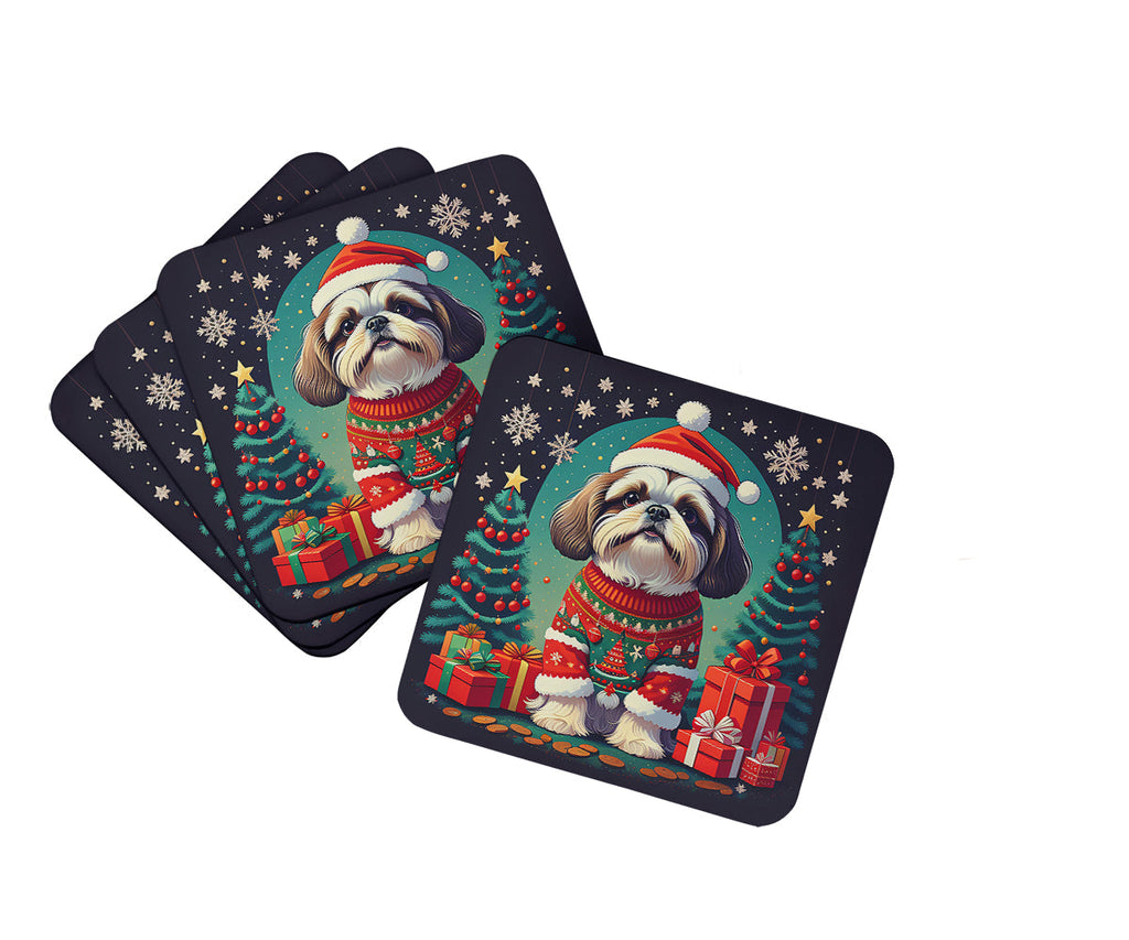 Shih Tzu Christmas Foam Coasters Set of 4 Cup Coasters for Indoor Outdoor, Tabletop Protection, Anti Slip, Mouse pad Material