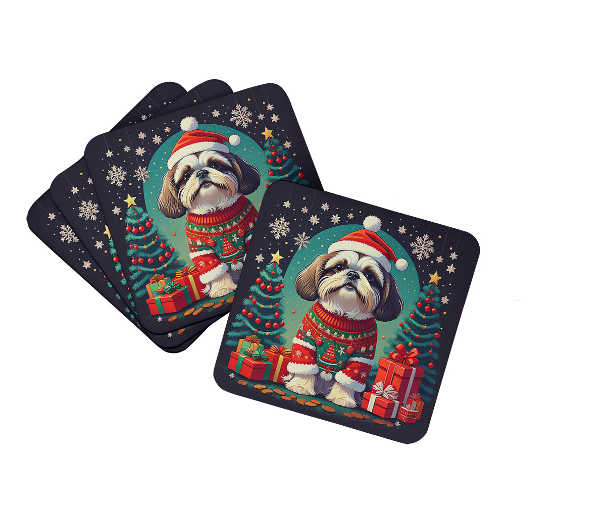 Shih Tzu Christmas Foam Coasters Set of 4 Cup Coasters for Indoor Outdoor, Tabletop Protection, Anti Slip, Mouse pad Material