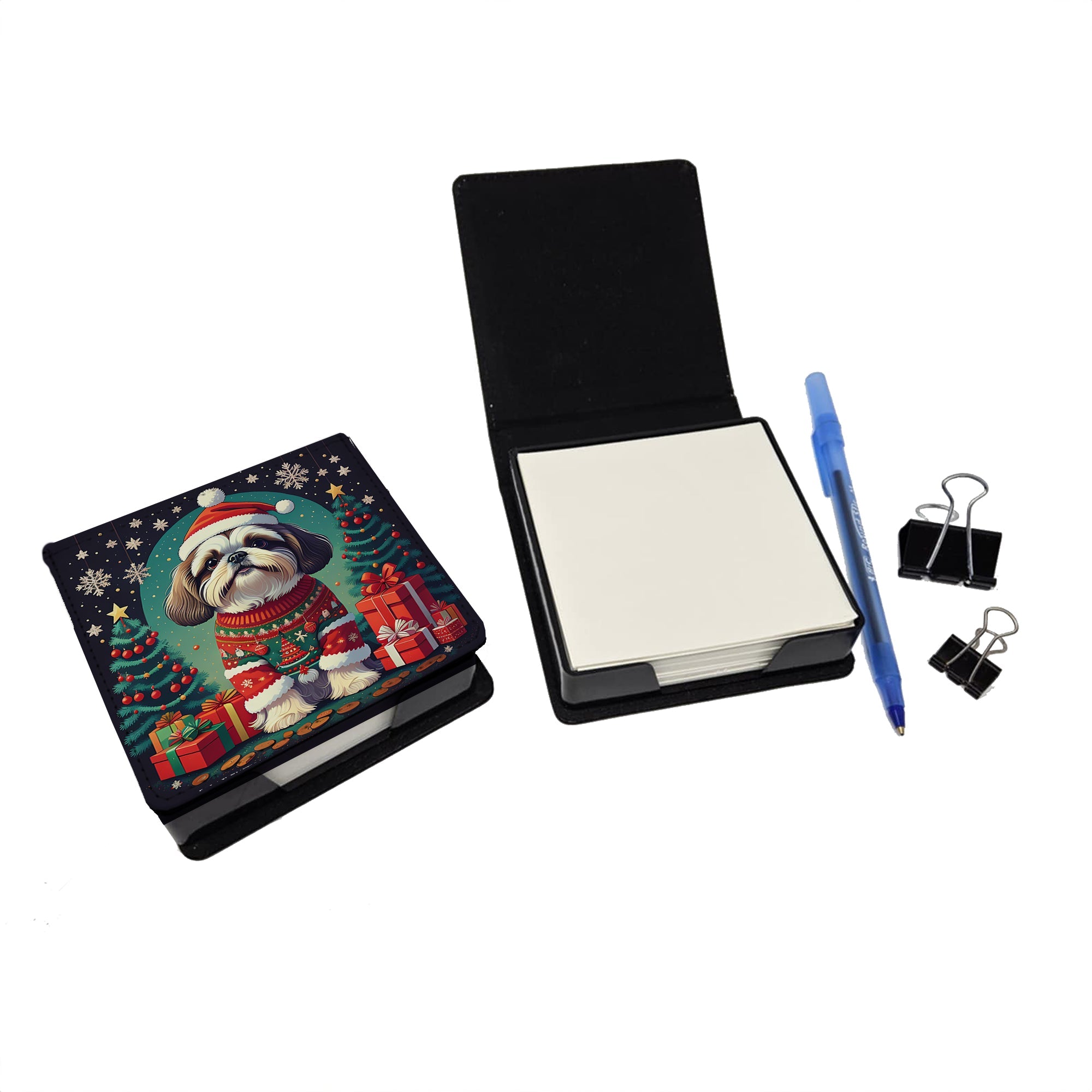 Shih Tzu Christmas PU Leather Note Paper Holder with Artist-Designed Cover, Desk Accessory, Office Gift