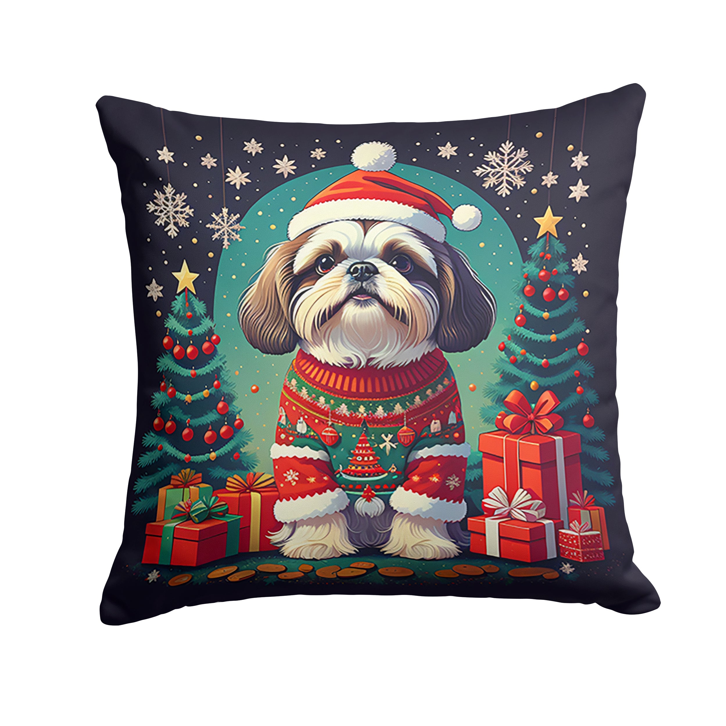 Shih Tzu Christmas Decorative Throw Pillow 14x14 Indoor Outdoor Accent Cushion, Fabric Cover with Insert for Sofa, Bed, Porch & Living Room