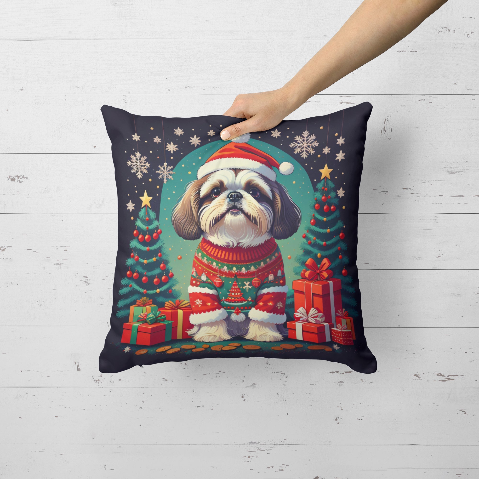 Shih Tzu Christmas Decorative Throw Pillow 14x14 Indoor Outdoor Accent Cushion, Fabric Cover with Insert for Sofa, Bed, Porch & Living Room