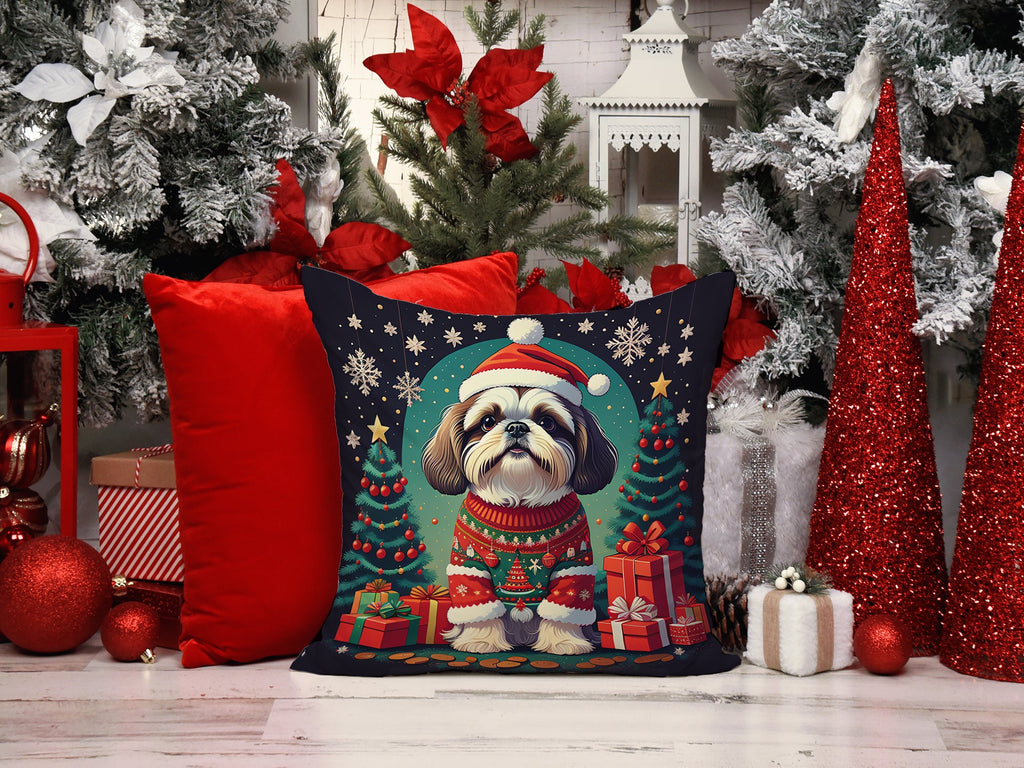 Shih Tzu Christmas Decorative Throw Pillow 14x14 Indoor Outdoor Accent Cushion, Fabric Cover with Insert for Sofa, Bed, Porch & Living Room