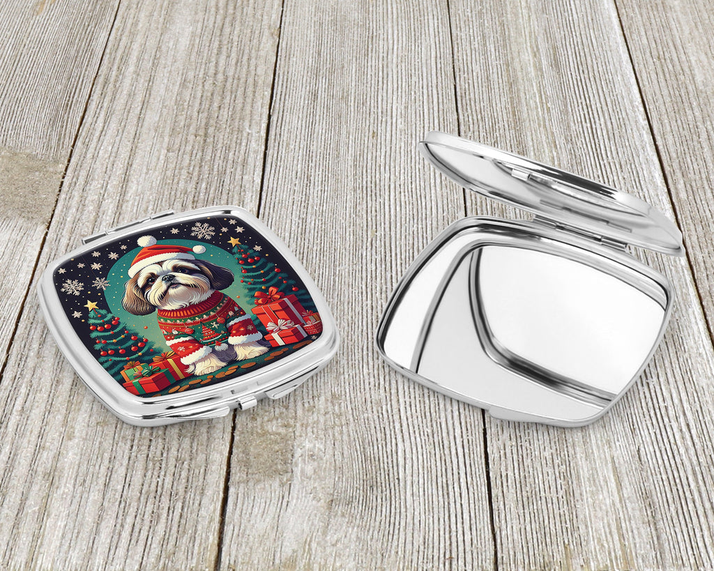 Shih Tzu Christmas Compact Mirror Decorative Travel Makeup Mirror for Women Girls Gifts Pocket Makeup Mirror Folding Handheld