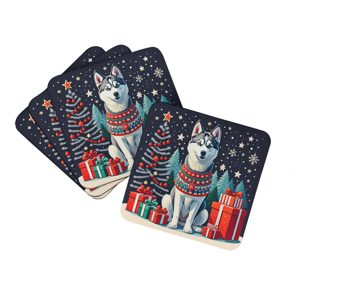 Siberian Husky Christmas Foam Coasters Set of 4 Cup Coasters for Indoor Outdoor, Tabletop Protection, Anti Slip, Mouse pad Material