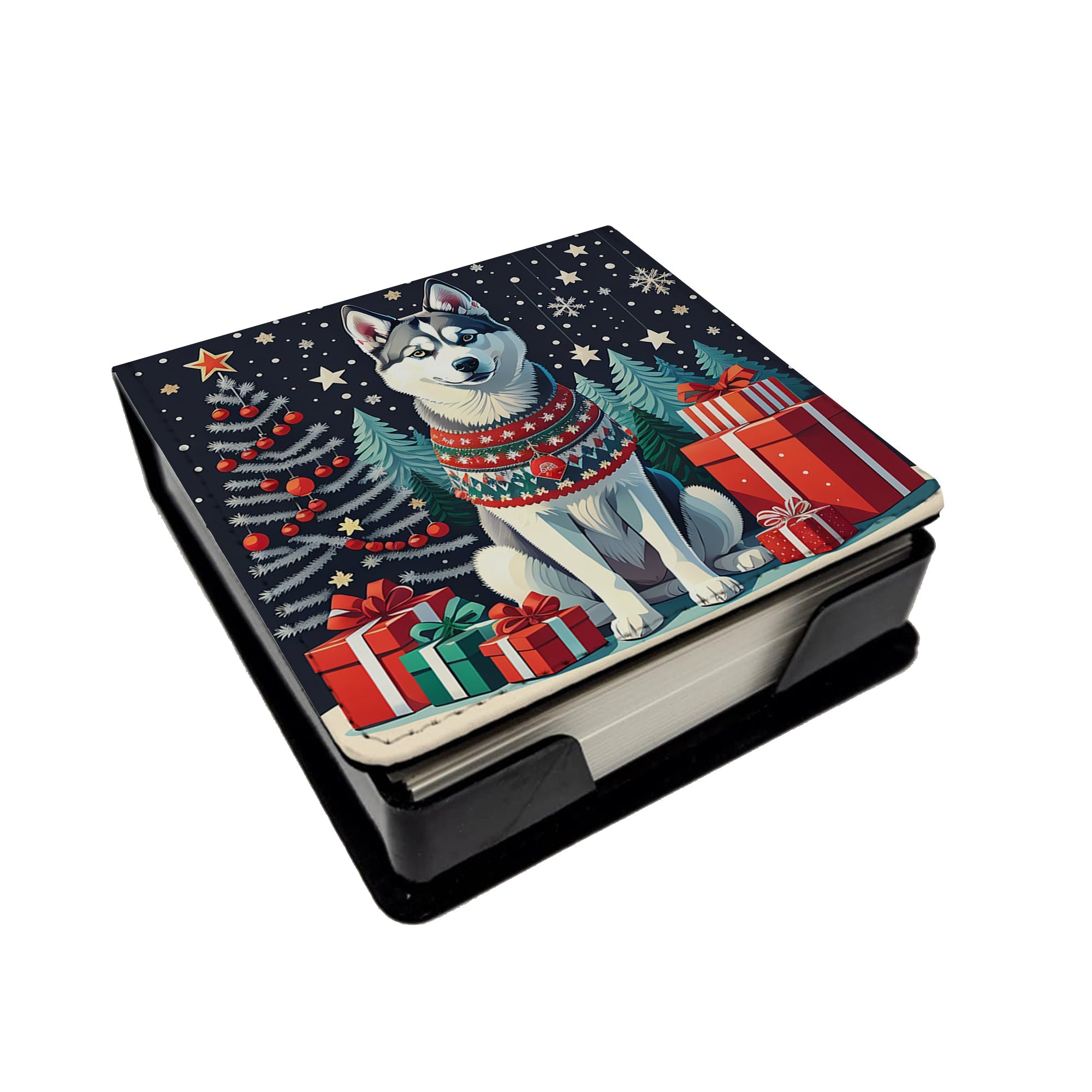 Siberian Husky Christmas PU Leather Note Paper Holder with Artist-Designed Cover, Desk Accessory, Office Gift