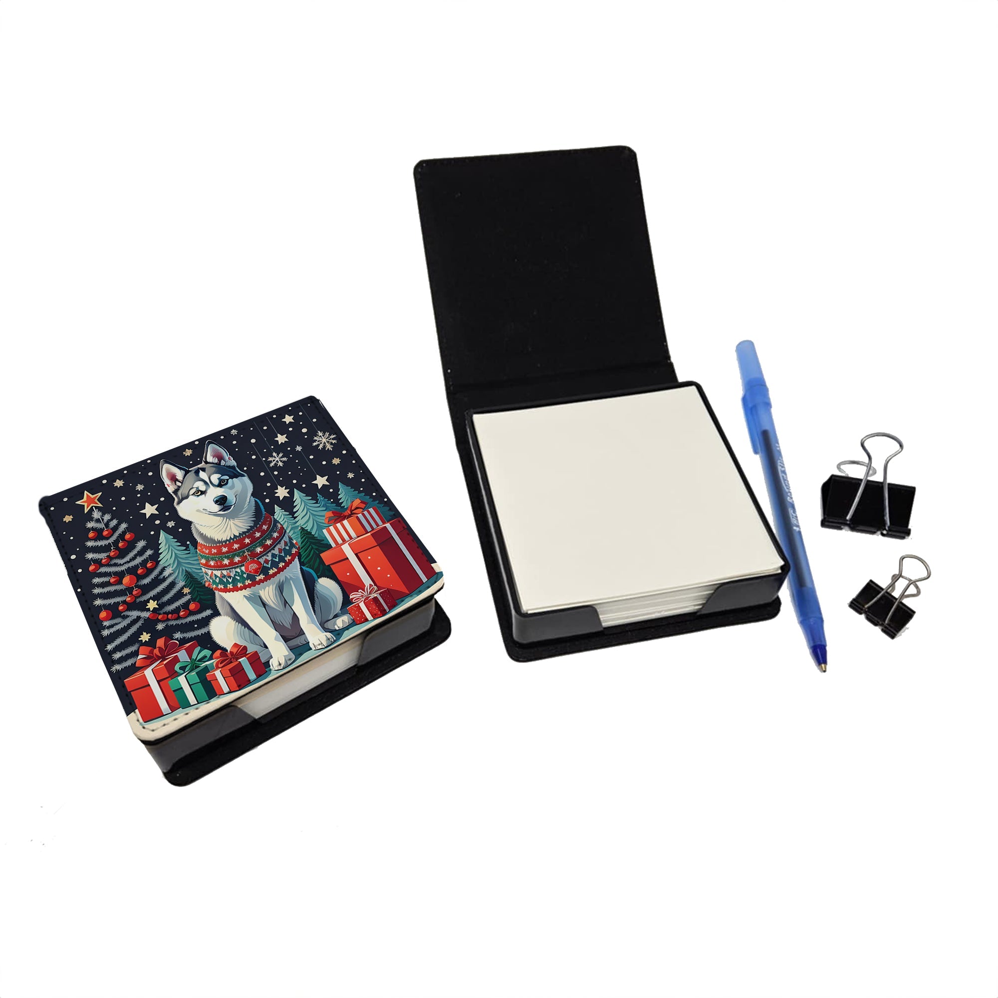 Siberian Husky Christmas PU Leather Note Paper Holder with Artist-Designed Cover, Desk Accessory, Office Gift