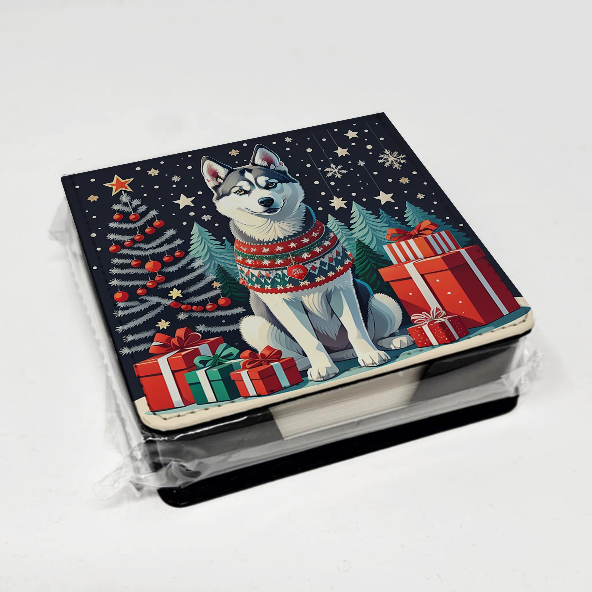 Siberian Husky Christmas PU Leather Note Paper Holder with Artist-Designed Cover, Desk Accessory, Office Gift