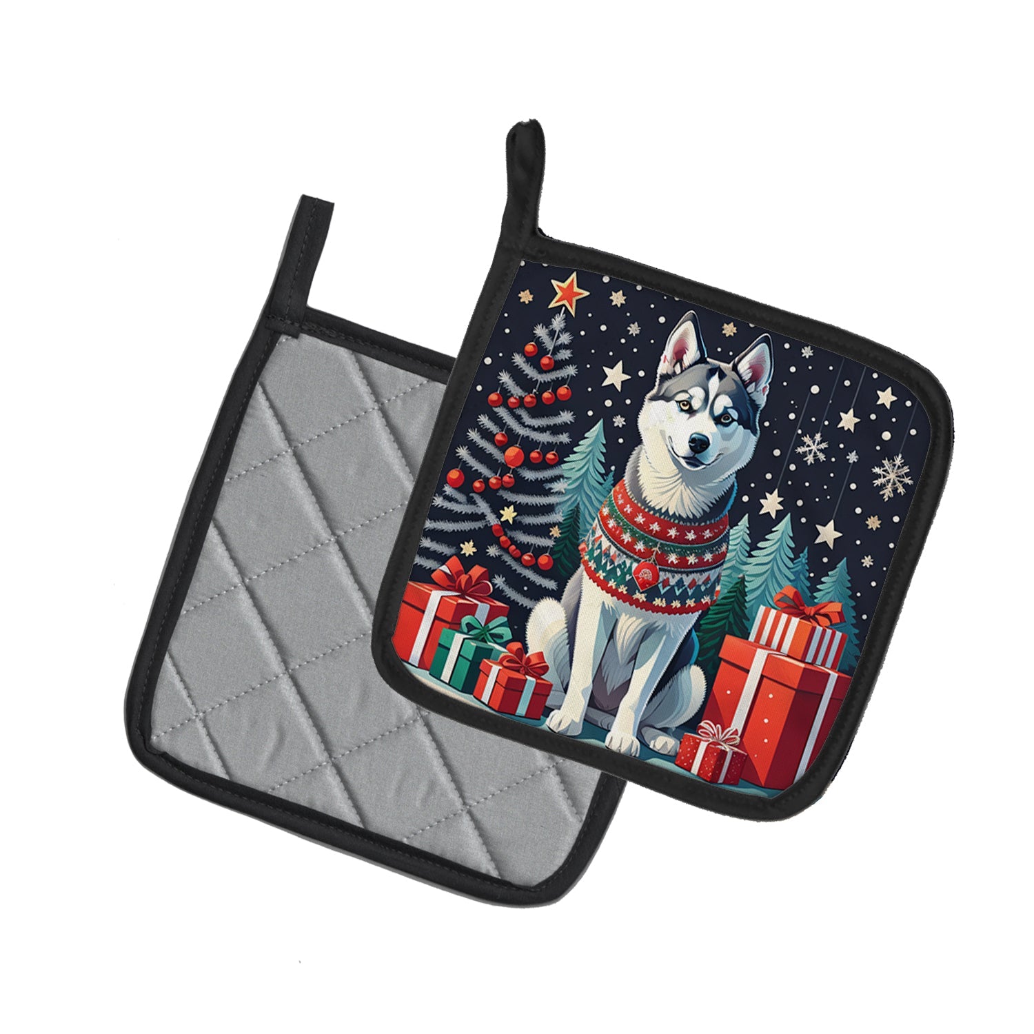 Siberian Husky Christmas Pot Holder Set of 2 Heat Resistant Quilted Hot Pads 7.5 x 7.5 Inch, Insulated Kitchen Trivets for Cooking & Baking