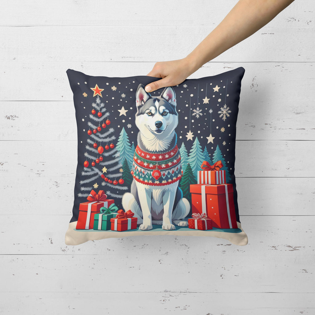 Siberian Husky Christmas Decorative Throw Pillow 14x14 Indoor Outdoor Accent Cushion, Fabric Cover with Insert for Sofa, Bed, Porch & Living Room