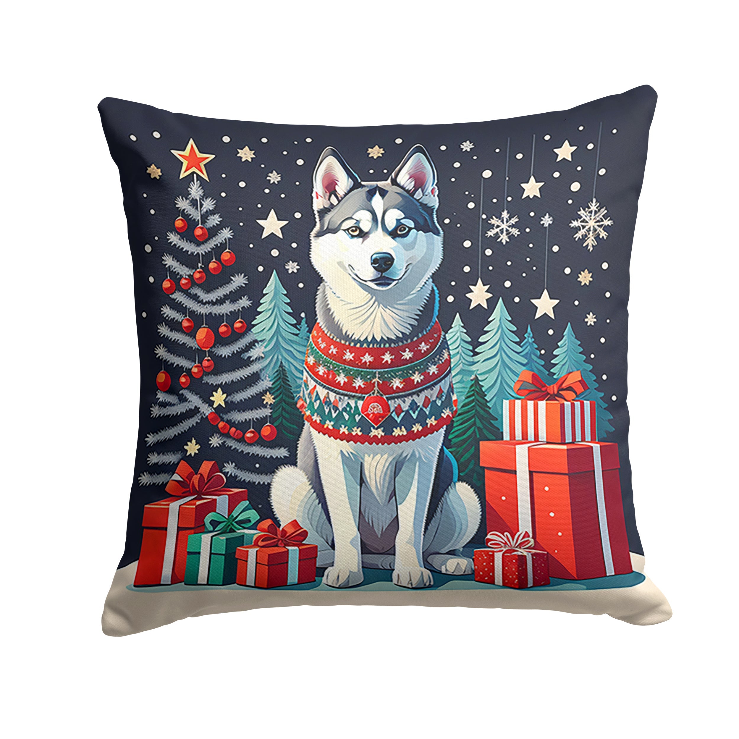 Siberian Husky Christmas Decorative Throw Pillow 18x18 Indoor Outdoor Accent Cushion, Fabric Cover with Insert for Sofa, Bed, Porch & Living Room