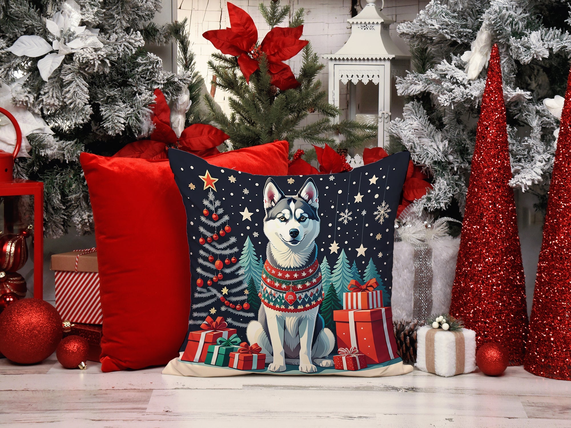 Siberian Husky Christmas Decorative Throw Pillow 18x18 Indoor Outdoor Accent Cushion, Fabric Cover with Insert for Sofa, Bed, Porch & Living Room