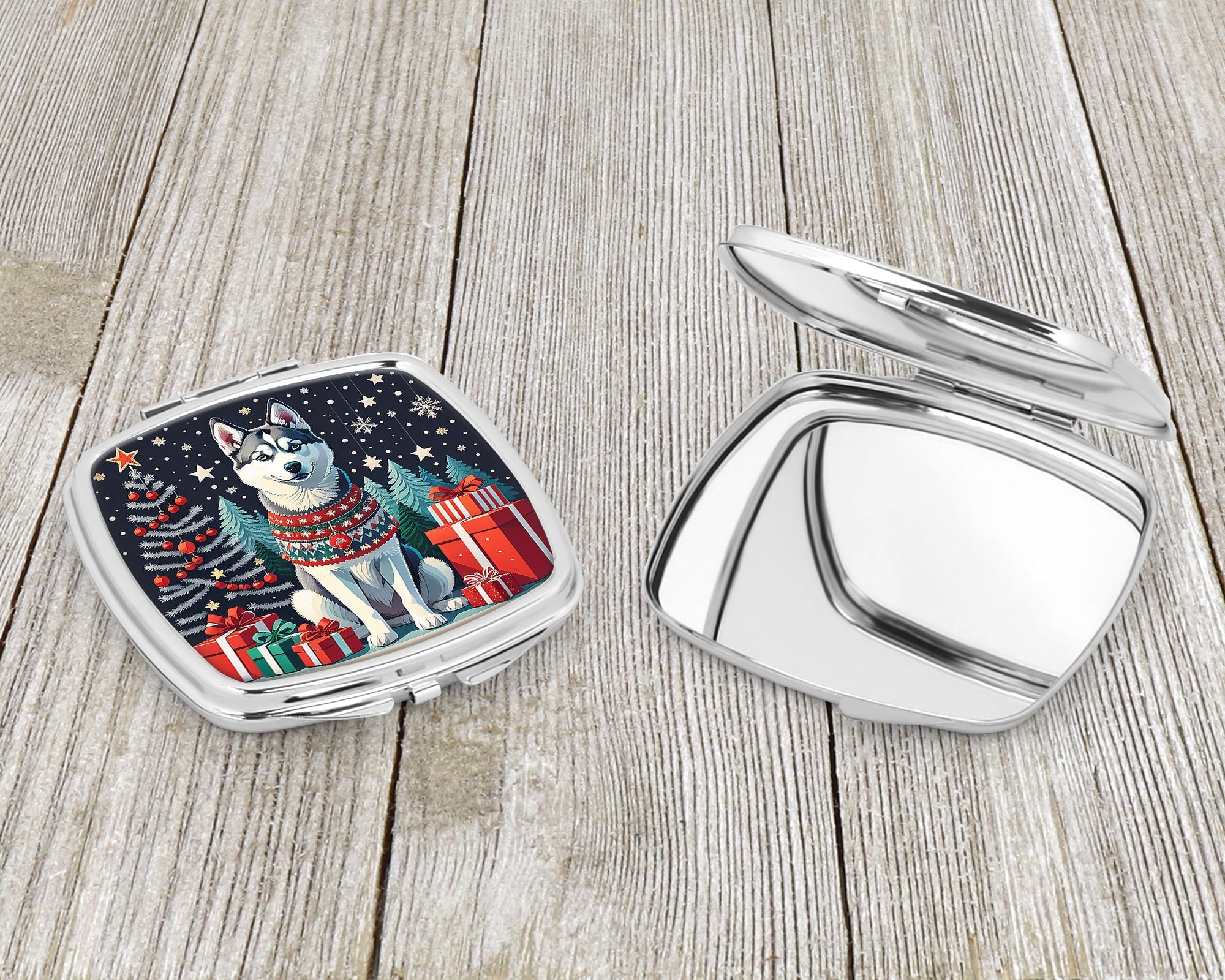 Siberian Husky Christmas Compact Mirror Decorative Travel Makeup Mirror for Women Girls Gifts Pocket Makeup Mirror Folding Handheld