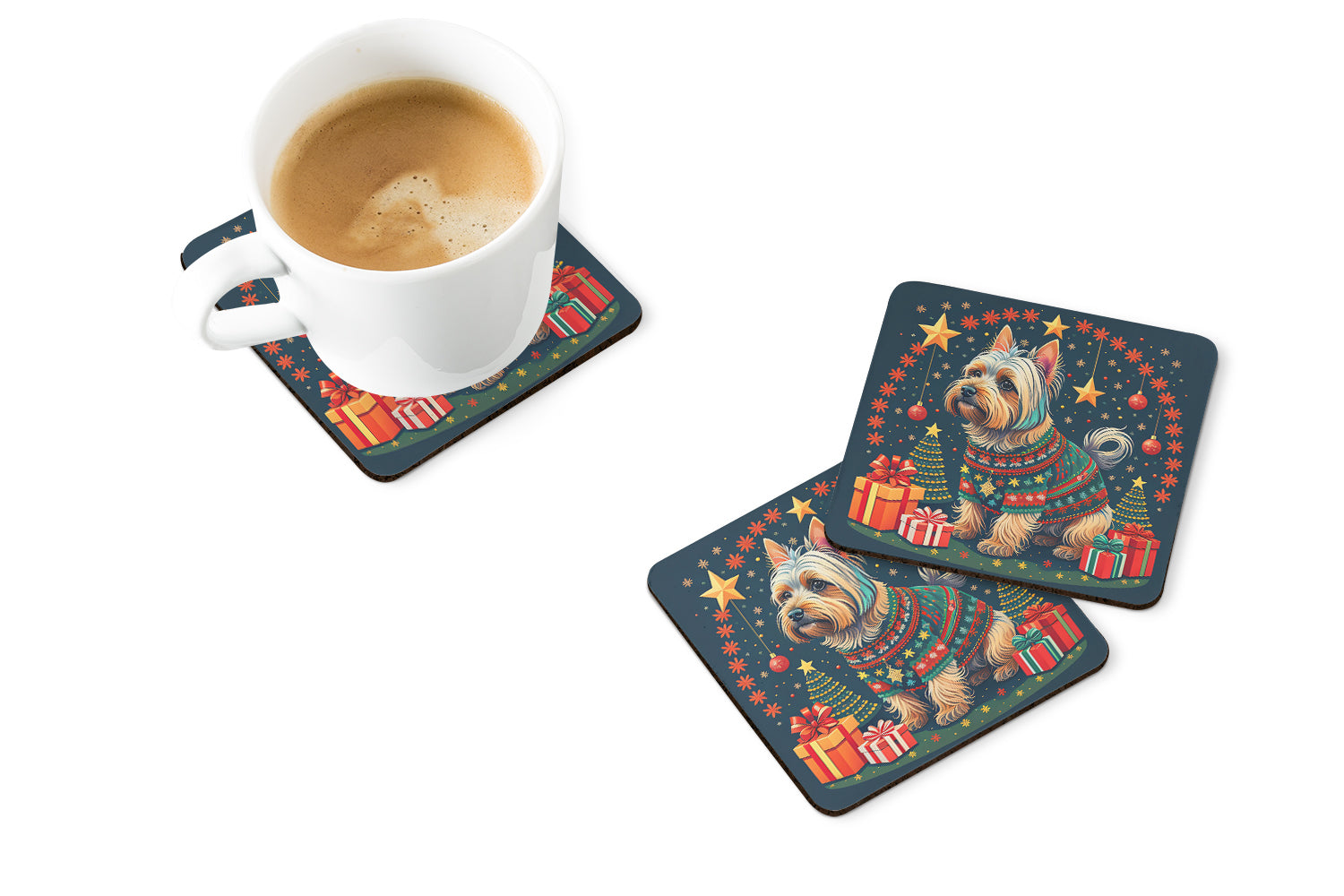 Silky Terrier Christmas Foam Coasters Set of 4 Cup Coasters for Indoor Outdoor, Tabletop Protection, Anti Slip, Mouse pad Material