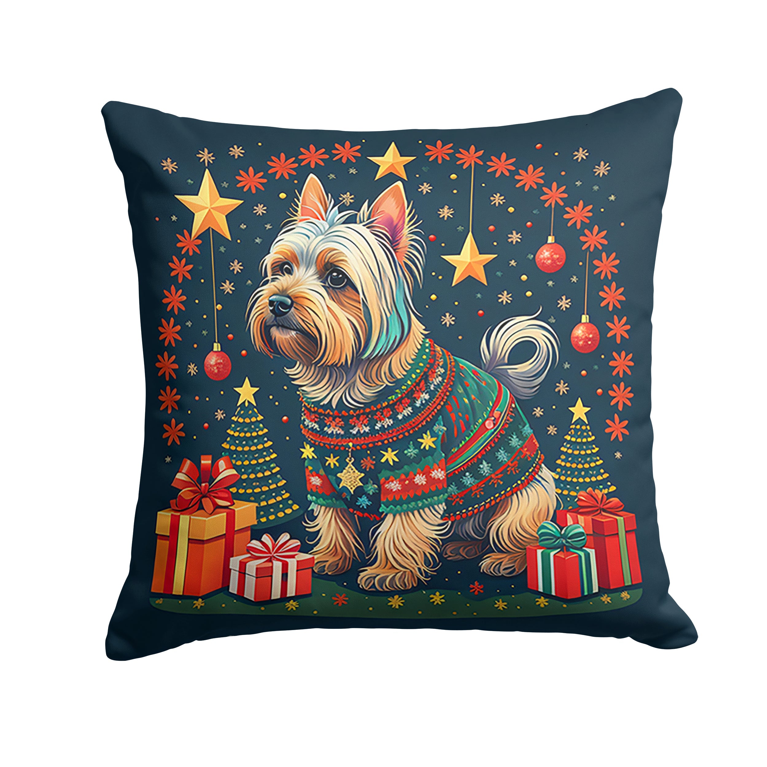 Silky Terrier Christmas Decorative Throw Pillow 18x18 Indoor Outdoor Accent Cushion, Fabric Cover with Insert for Sofa, Bed, Porch & Living Room