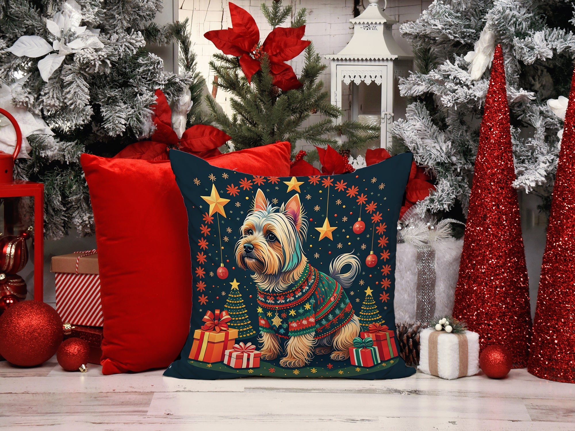 Silky Terrier Christmas Decorative Throw Pillow 18x18 Indoor Outdoor Accent Cushion, Fabric Cover with Insert for Sofa, Bed, Porch & Living Room