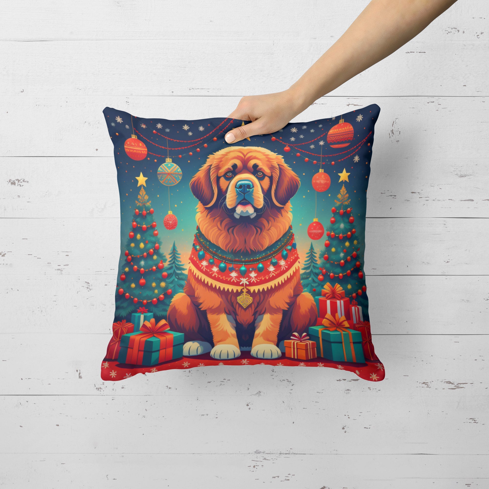 Tibetan Mastiff Christmas Decorative Throw Pillow 14x14 Indoor Outdoor Accent Cushion, Fabric Cover with Insert for Sofa, Bed, Porch & Living Room