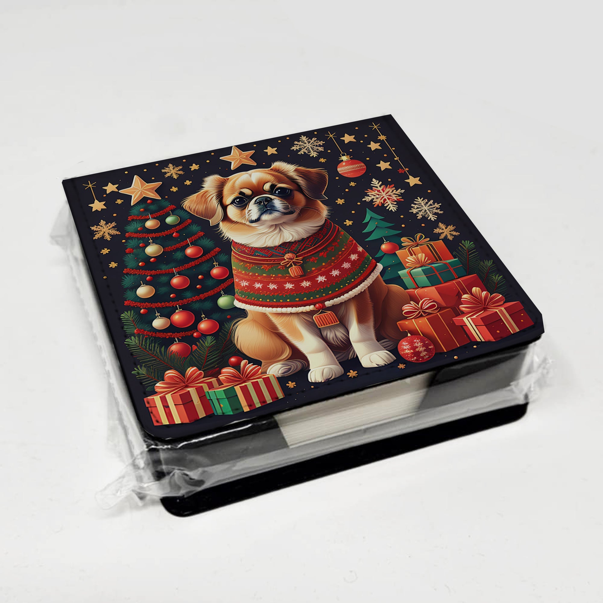Tibetan Spaniel Christmas PU Leather Note Paper Holder with Artist-Designed Cover, Desk Accessory, Office Gift
