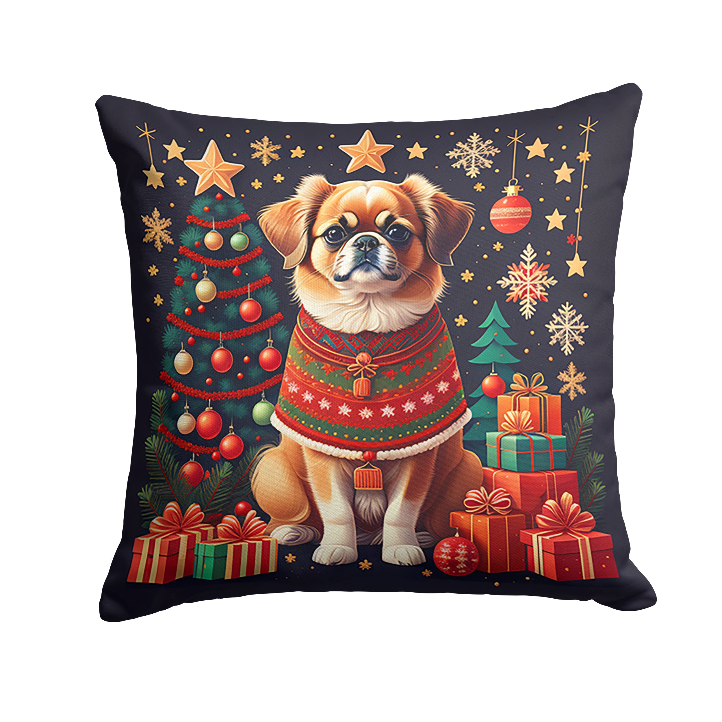 Tibetan Spaniel Christmas Decorative Throw Pillow 14x14 Indoor Outdoor Accent Cushion, Fabric Cover with Insert for Sofa, Bed, Porch & Living Room