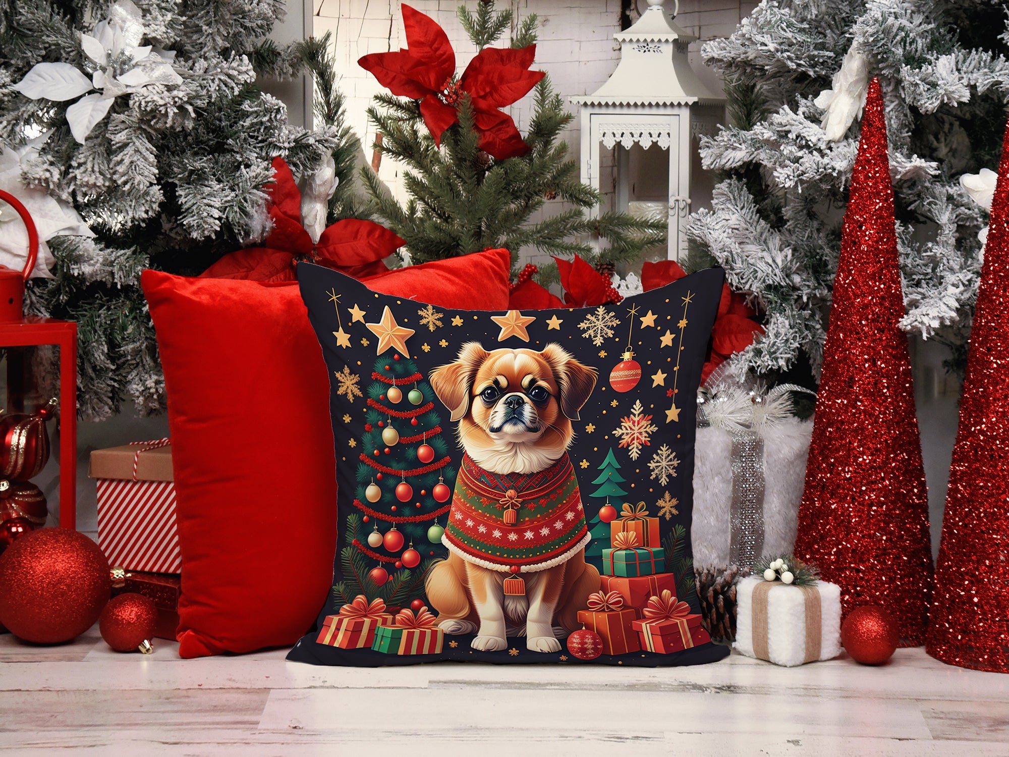 Tibetan Spaniel Christmas Decorative Throw Pillow 18x18 Indoor Outdoor Accent Cushion, Fabric Cover with Insert for Sofa, Bed, Porch & Living Room